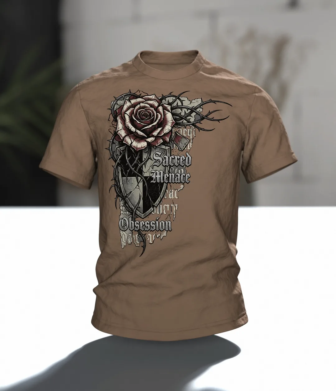 Gothic Dornenrose T-Shirt mit Wappenschild und Fraktur-Zeilen "Sacred Menace Obsession", Im Raum