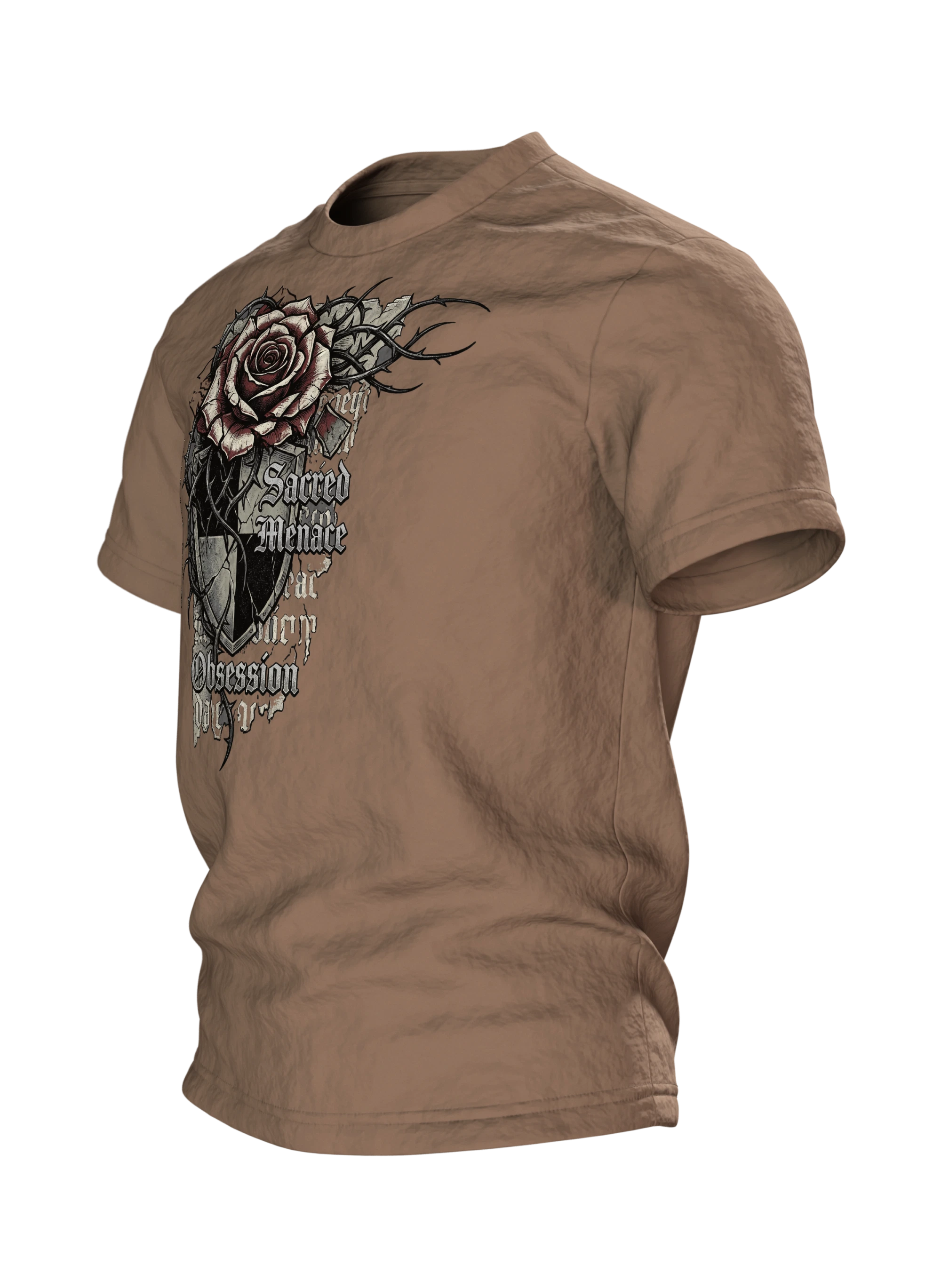 Gothic Dornenrose T-Shirt mit Wappenschild und Fraktur-Zeilen "Sacred Menace Obsession", Seitenansicht rechts