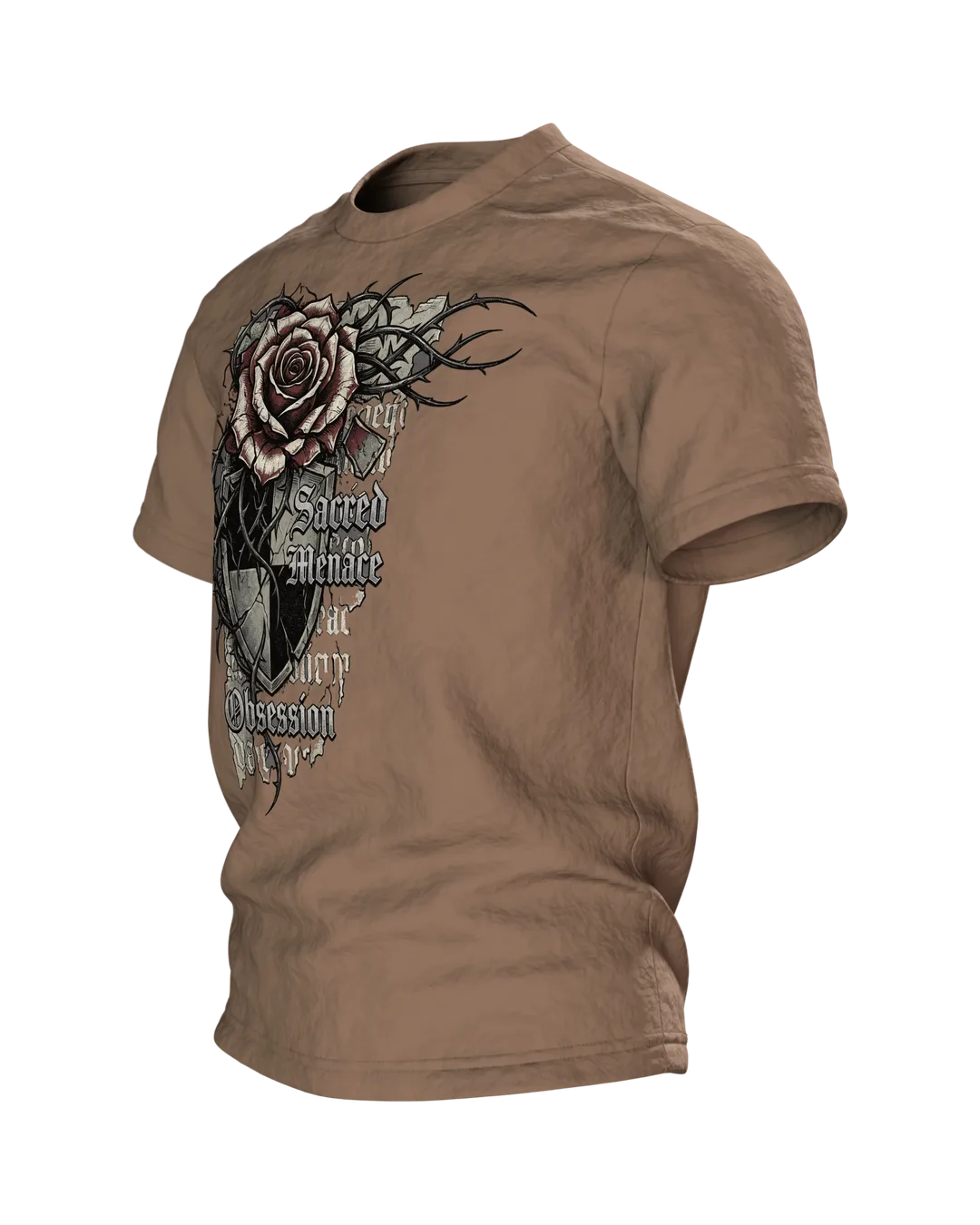 Gothic Dornenrose T-Shirt mit Wappenschild und Fraktur-Zeilen "Sacred Menace Obsession", Seitenansicht rechts