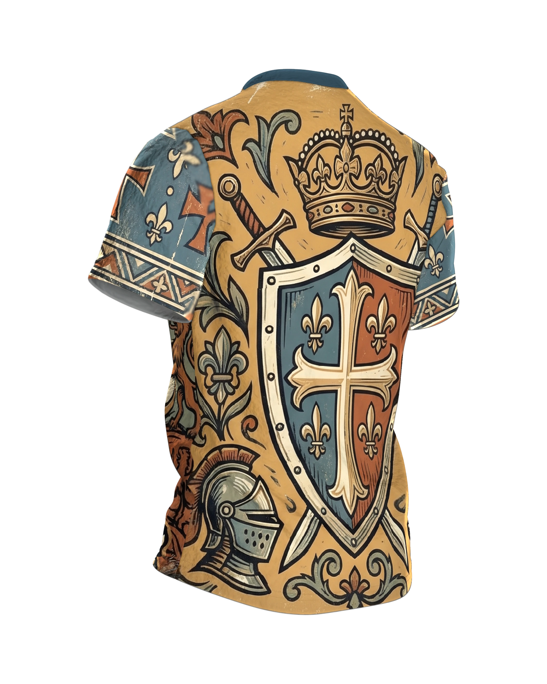 Ritter T-Shirt: Gekrönter Kreuzritter im Holzschnitt vor der Burg, Rückseite schräg rechts