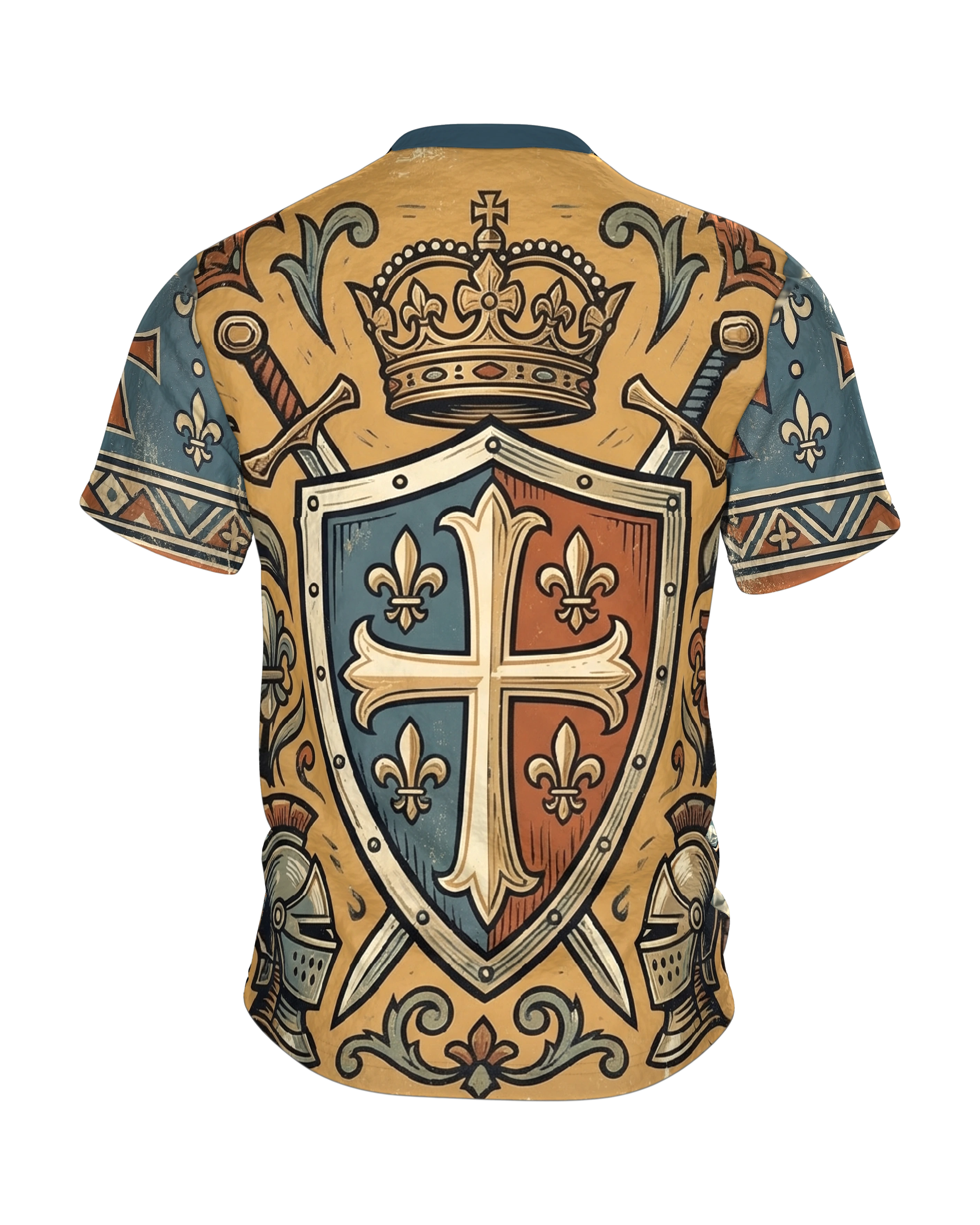 Ritter T-Shirt: Gekrönter Kreuzritter im Holzschnitt vor der Burg, Rückseite