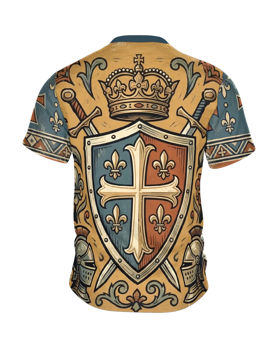 Ritter T-Shirt: Gekrönter Kreuzritter im Holzschnitt vor der Burg, Rückseite