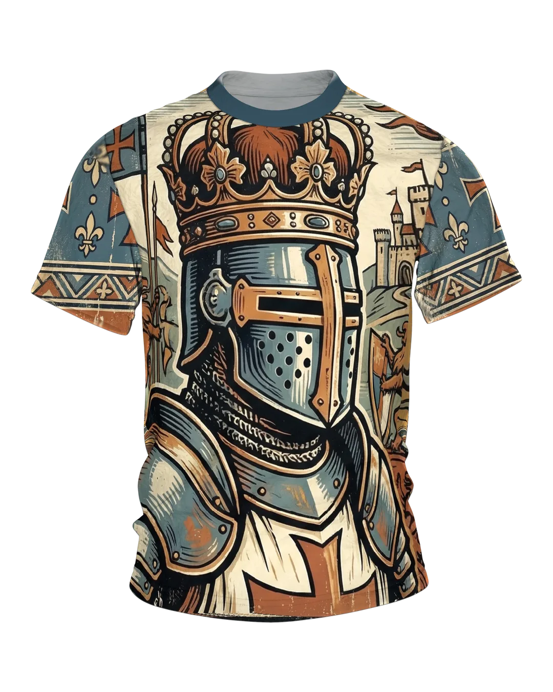 Ritter T-Shirt: Gekrönter Kreuzritter im Holzschnitt vor der Burg