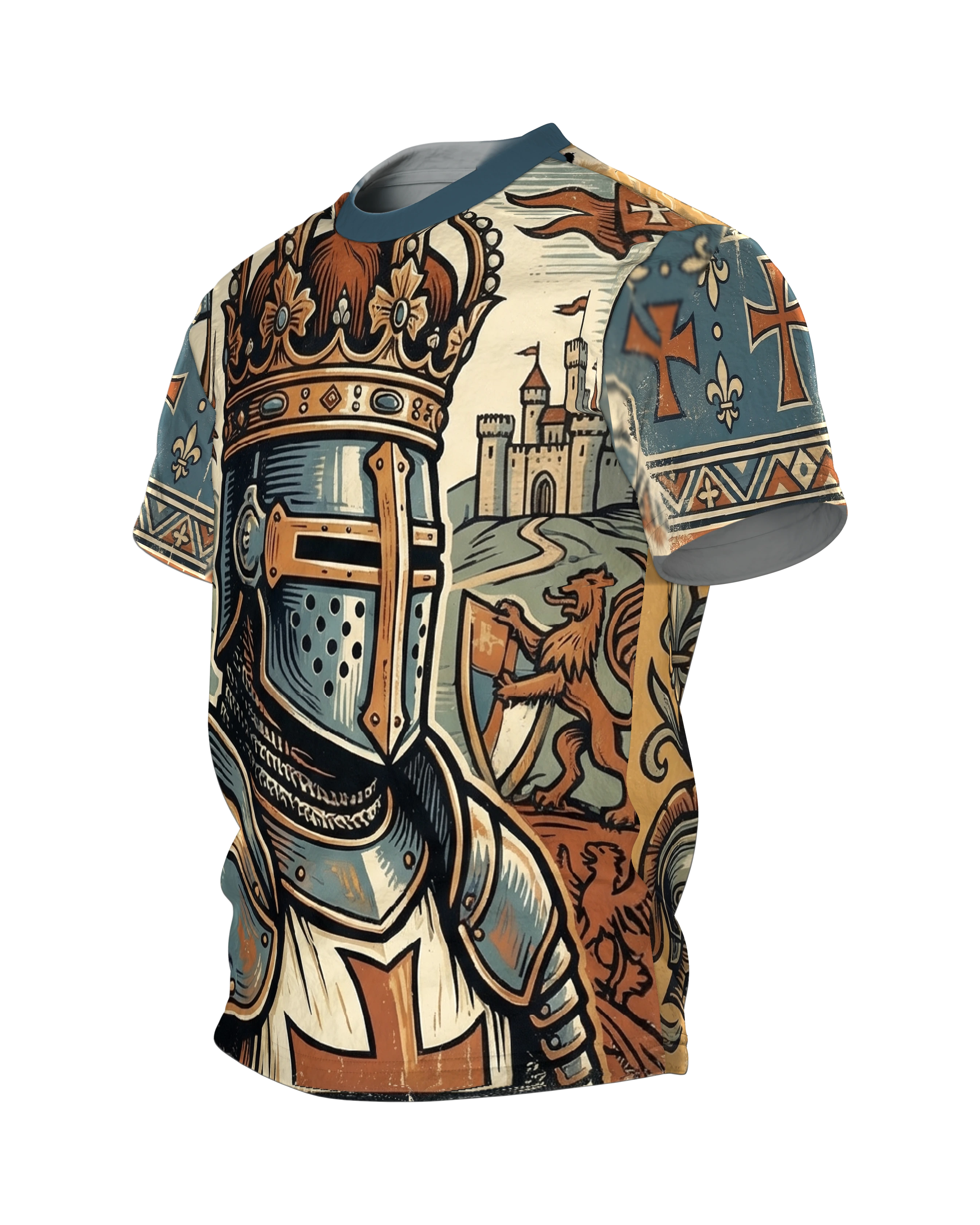 Ritter T-Shirt: Gekrönter Kreuzritter im Holzschnitt vor der Burg, Seitenansicht rechts