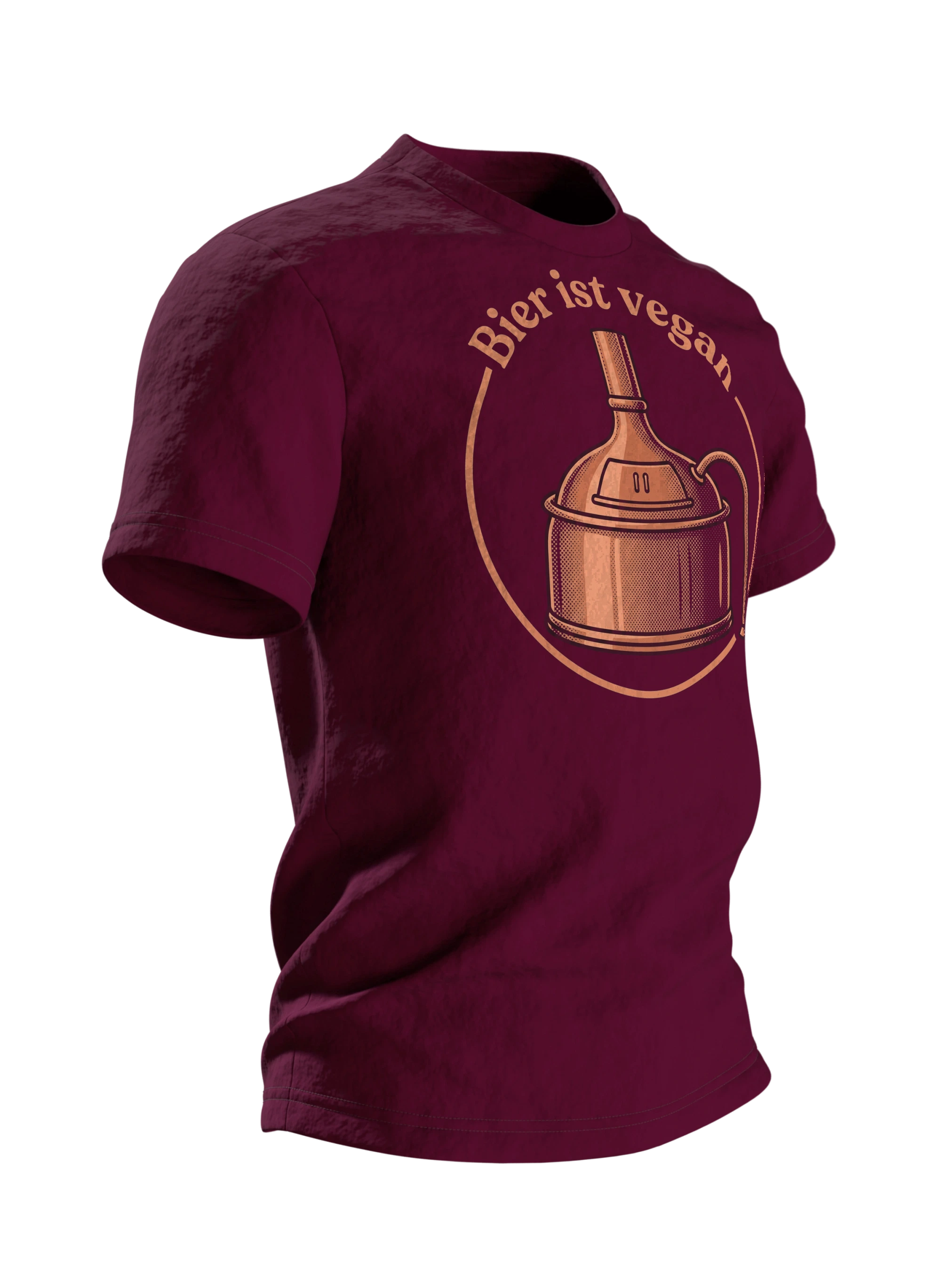 Braukessel T-Shirt "Bier ist vegan", Kupferkessel-Emblem im Retro-Stil, Seitenansicht links