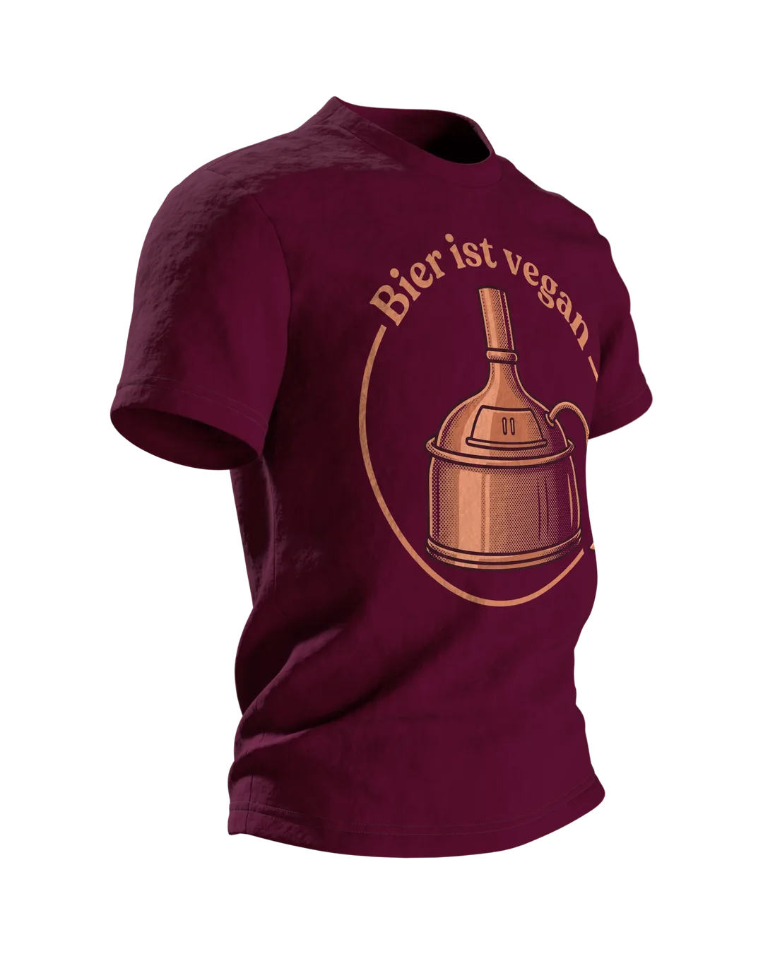 Braukessel T-Shirt "Bier ist vegan", Kupferkessel-Emblem im Retro-Stil, Seitenansicht links