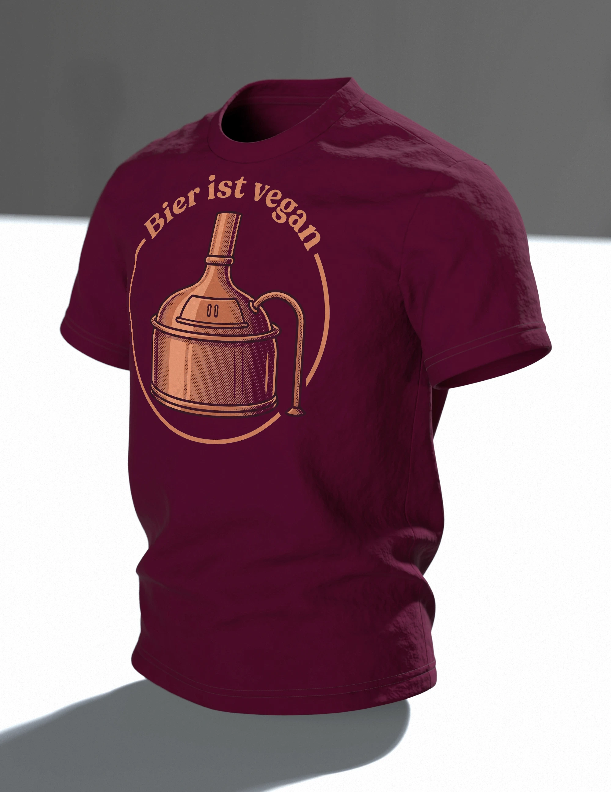 Braukessel T-Shirt "Bier ist vegan", Kupferkessel-Emblem im Retro-Stil, Im Raum, schräg