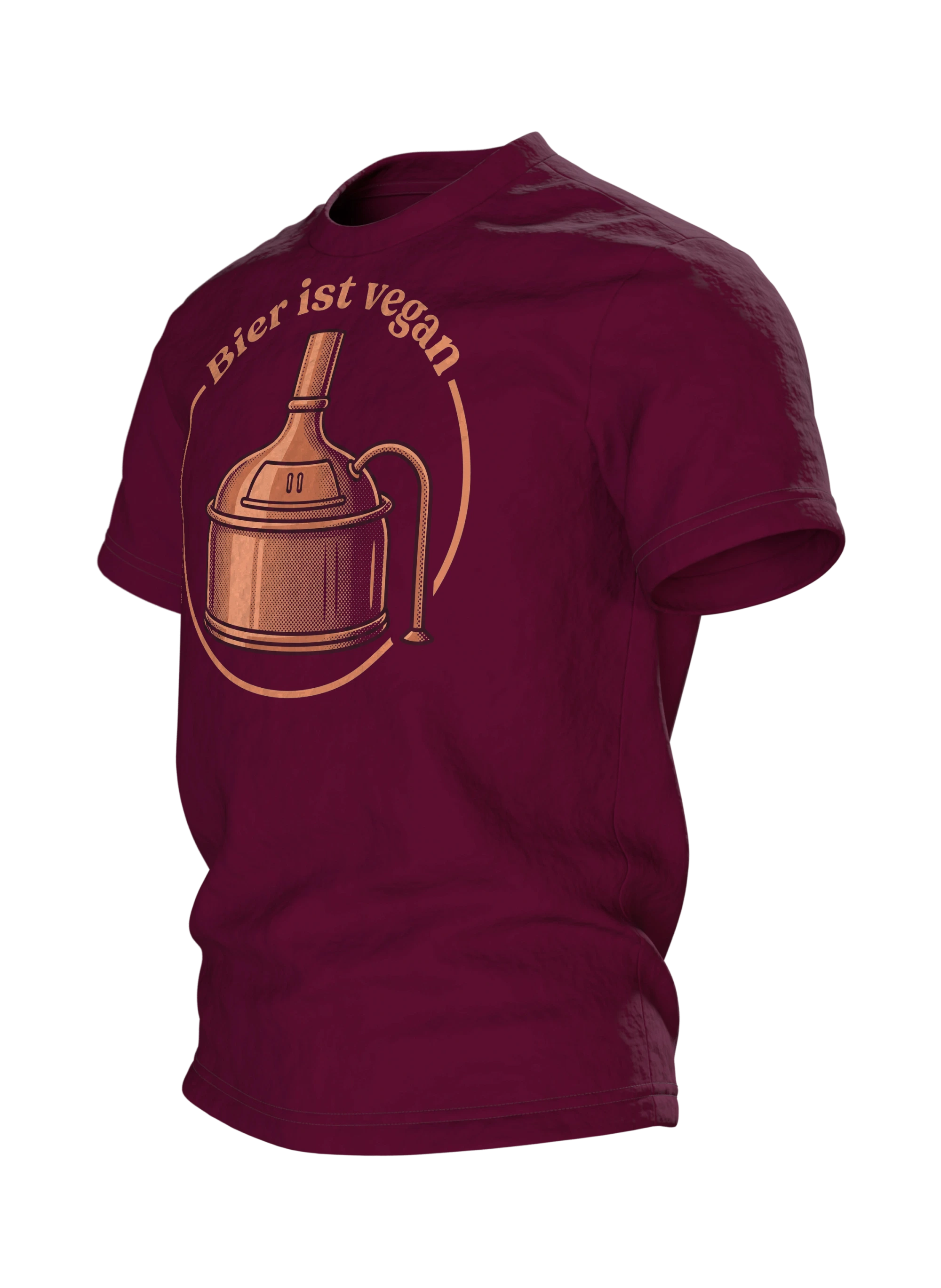 Braukessel T-Shirt "Bier ist vegan", Kupferkessel-Emblem im Retro-Stil, Seitenansicht rechts