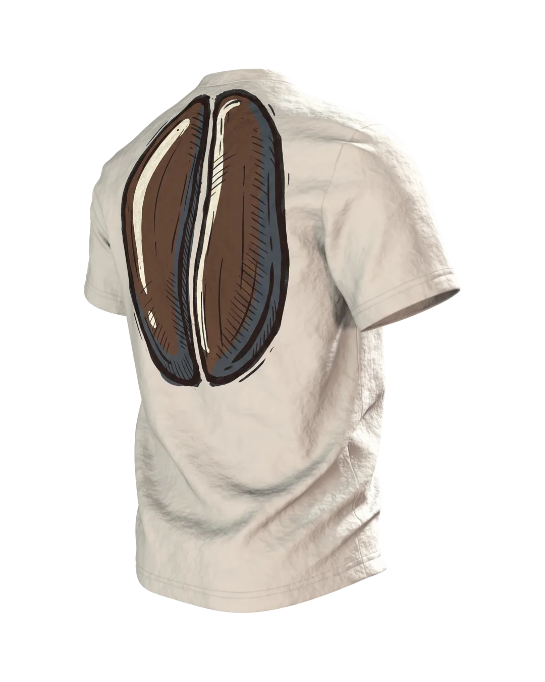 "Kaffee. Dann reden wir." T-Shirt, Kaffeetasse mit Dampf und Bohnen-Rücken, Rückseite schräg links