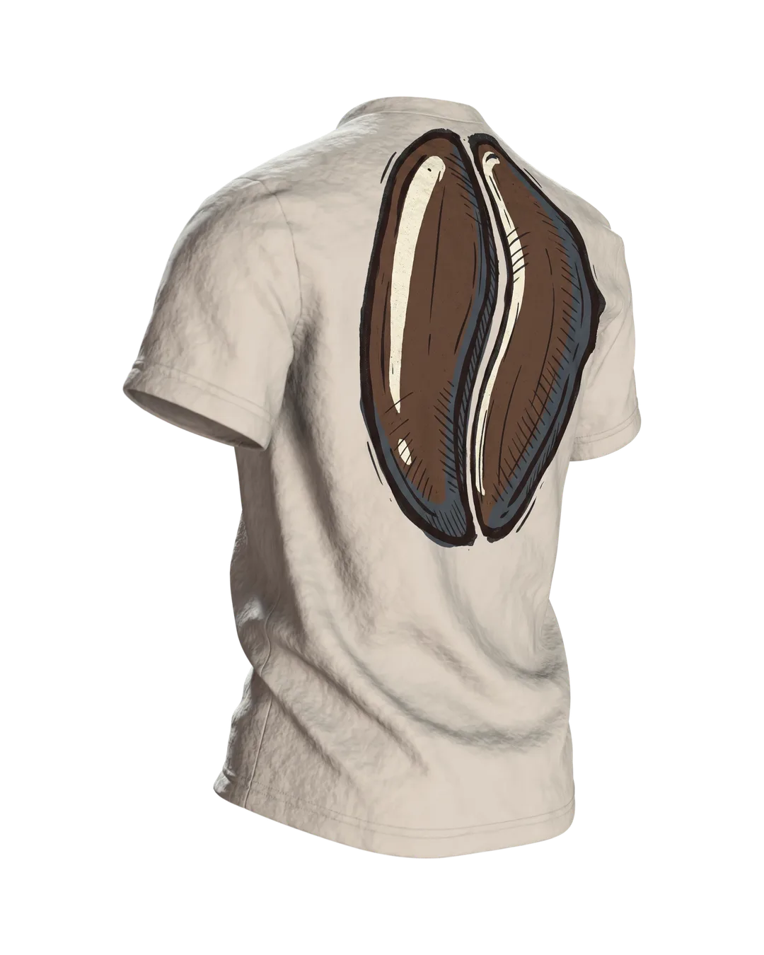 "Kaffee. Dann reden wir." T-Shirt, Kaffeetasse mit Dampf und Bohnen-Rücken, Rückseite schräg rechts