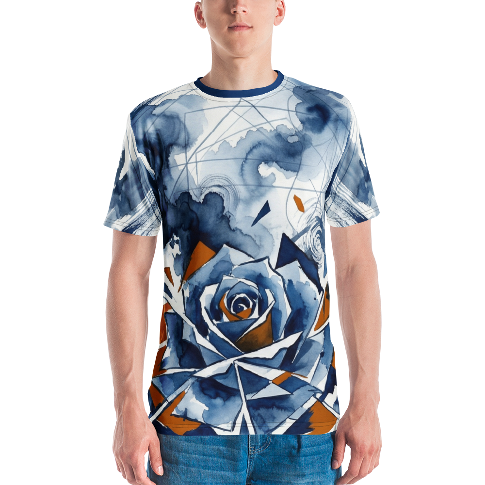 Geometrische Aquarell Rose T-Shirt – Abstract Blue