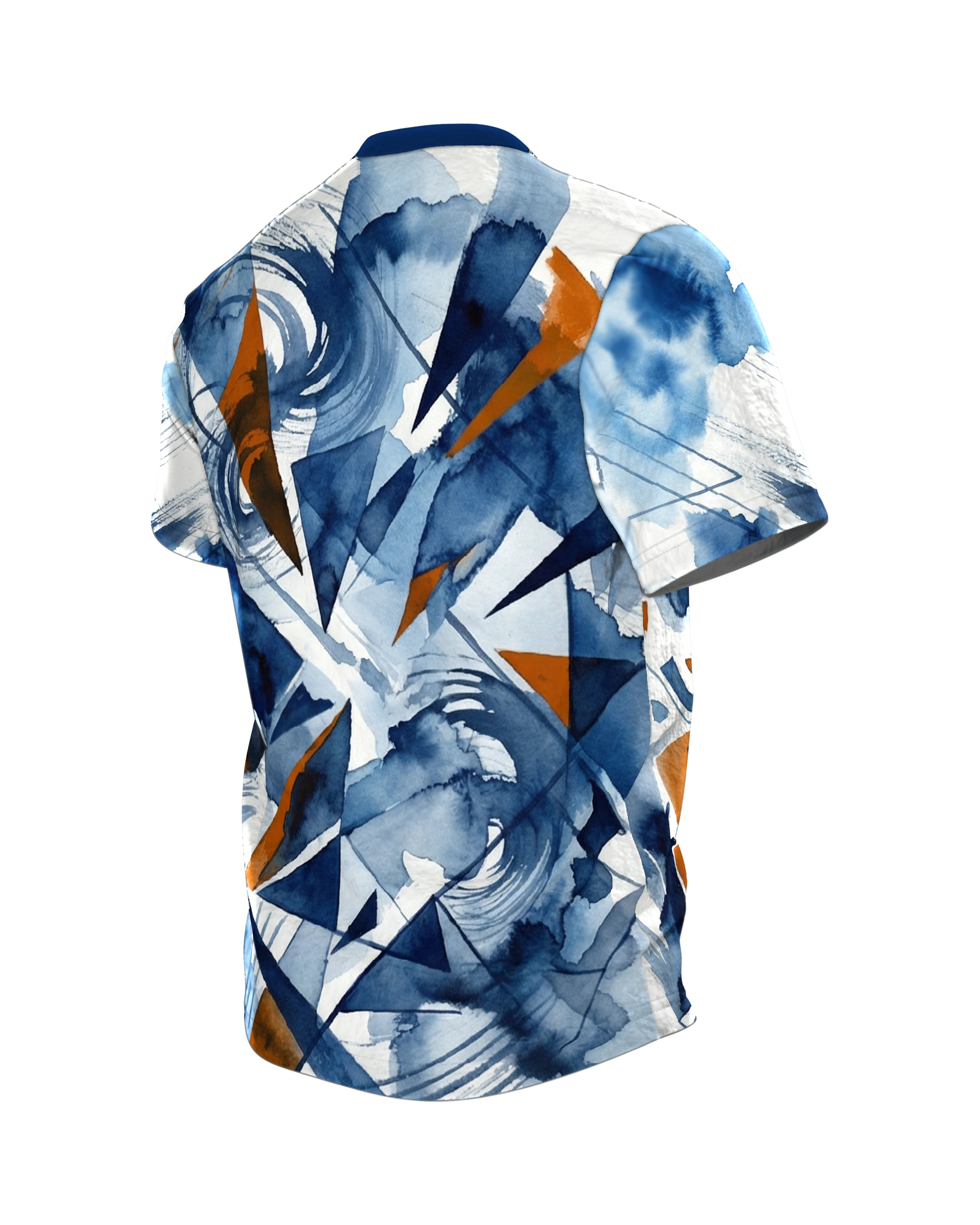 Polygon Rose T-Shirt, Aquarell-Rose in geometrischen Scherben, Splitter-Komposition am Rücken, Rückseite schräg links