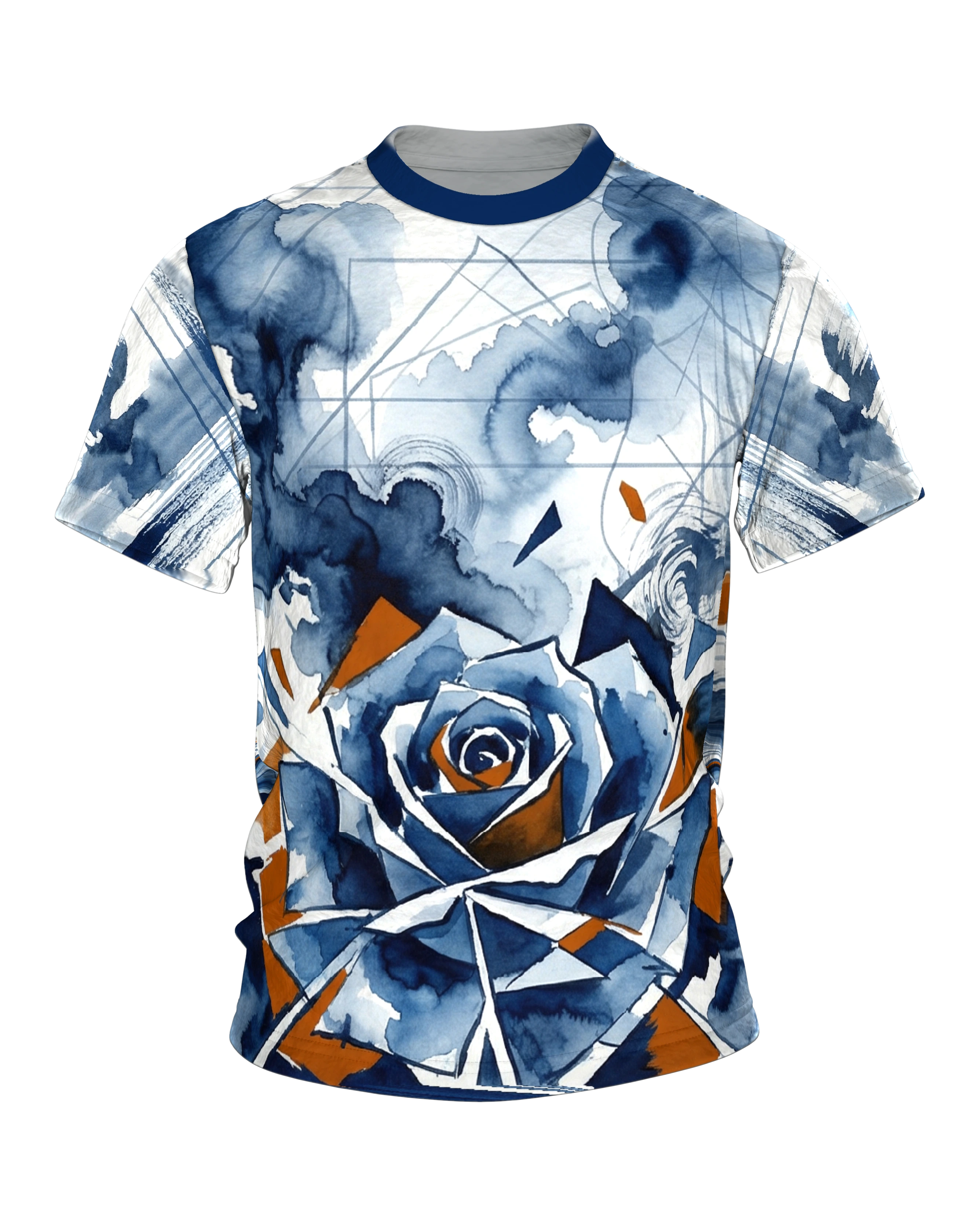 Polygon Rose T-Shirt, Aquarell-Rose in geometrischen Scherben, Splitter-Komposition am Rücken