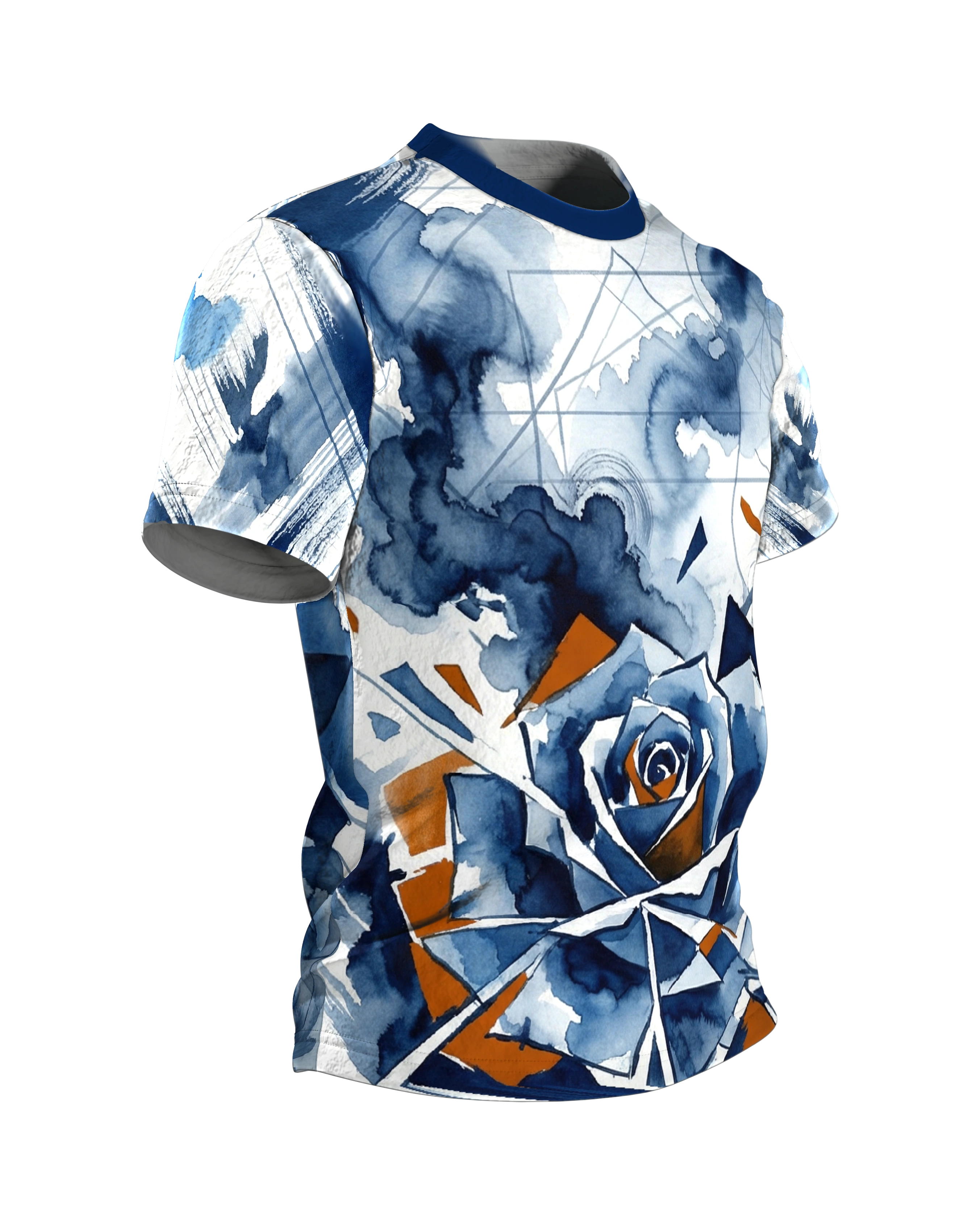 Polygon Rose T-Shirt, Aquarell-Rose in geometrischen Scherben, Splitter-Komposition am Rücken, Seitenansicht links