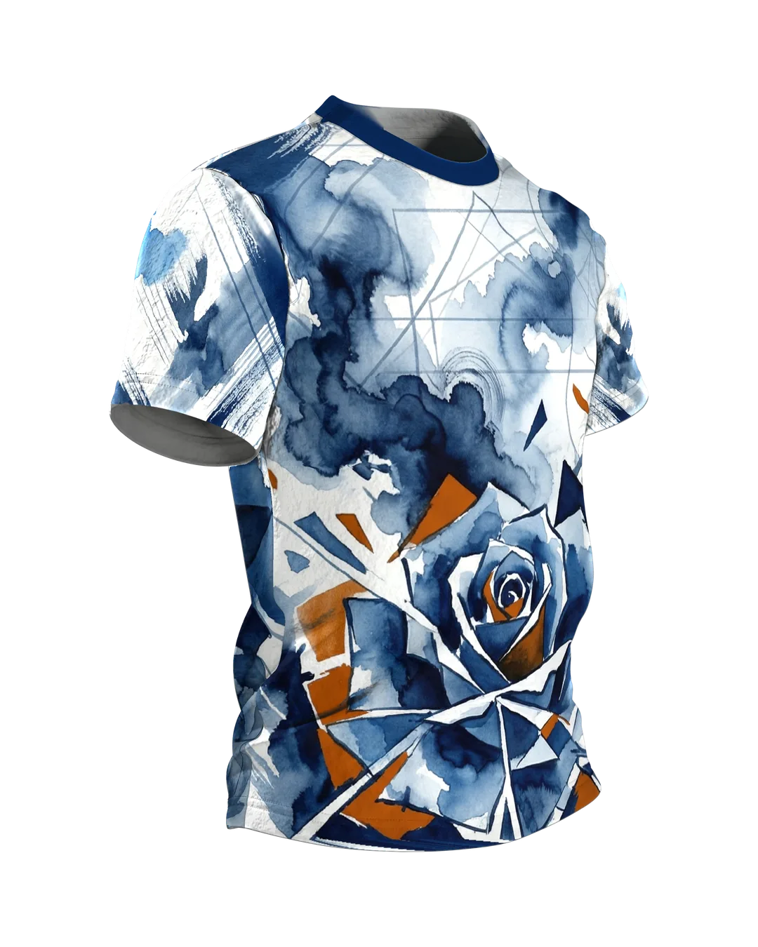 Polygon Rose T-Shirt, Aquarell-Rose in geometrischen Scherben, Splitter-Komposition am Rücken, Seitenansicht links