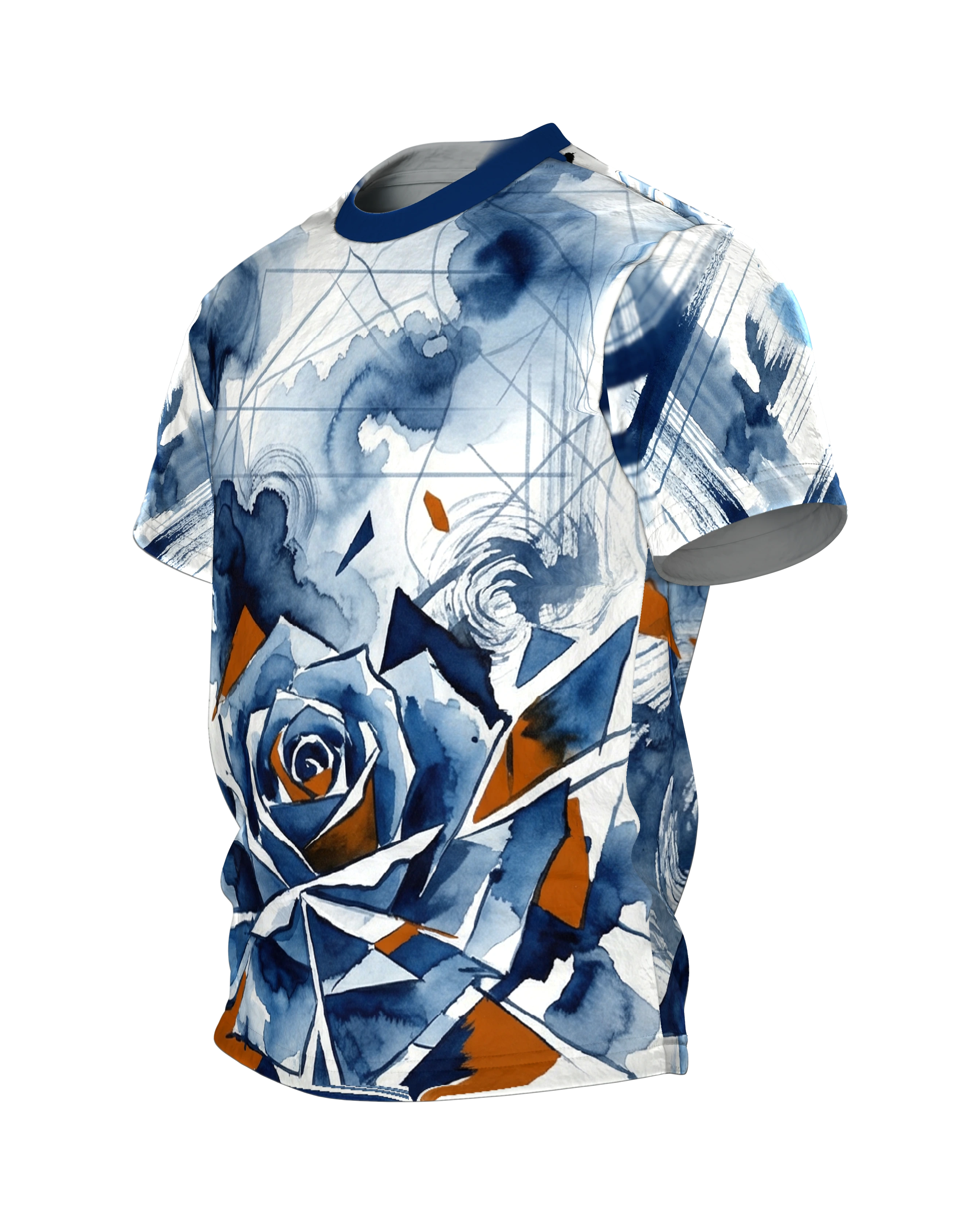 Polygon Rose T-Shirt, Aquarell-Rose in geometrischen Scherben, Splitter-Komposition am Rücken, Seitenansicht rechts