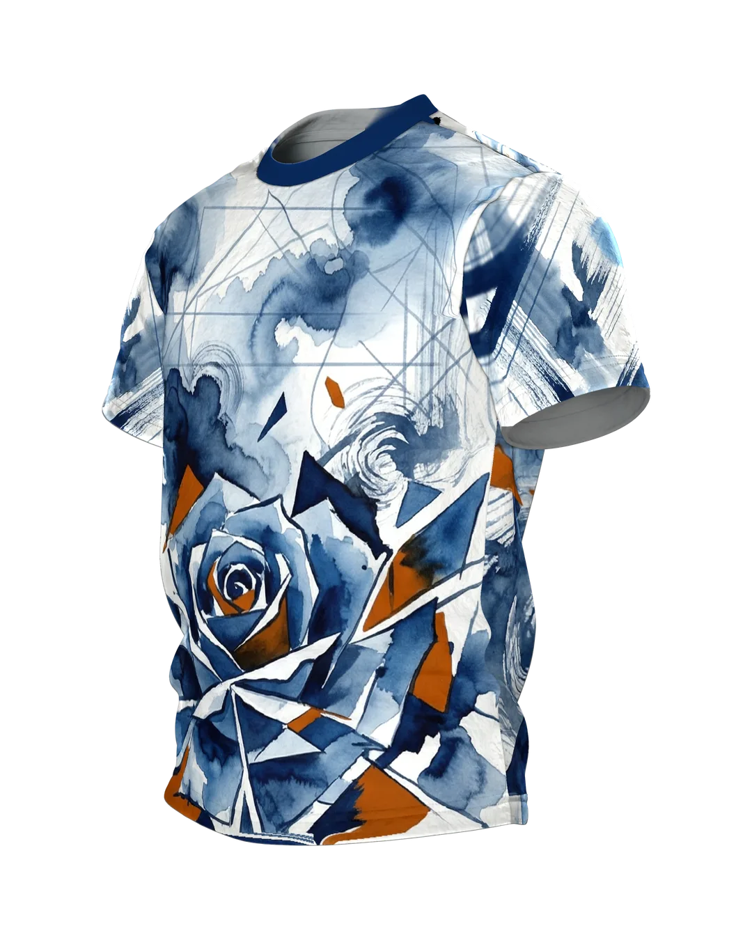 Polygon Rose T-Shirt, Aquarell-Rose in geometrischen Scherben, Splitter-Komposition am Rücken, Seitenansicht rechts