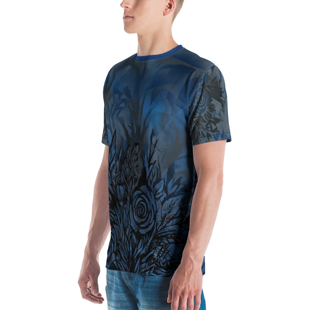 Schwarze Rosen T-Shirt – Mystische blaue Blüten