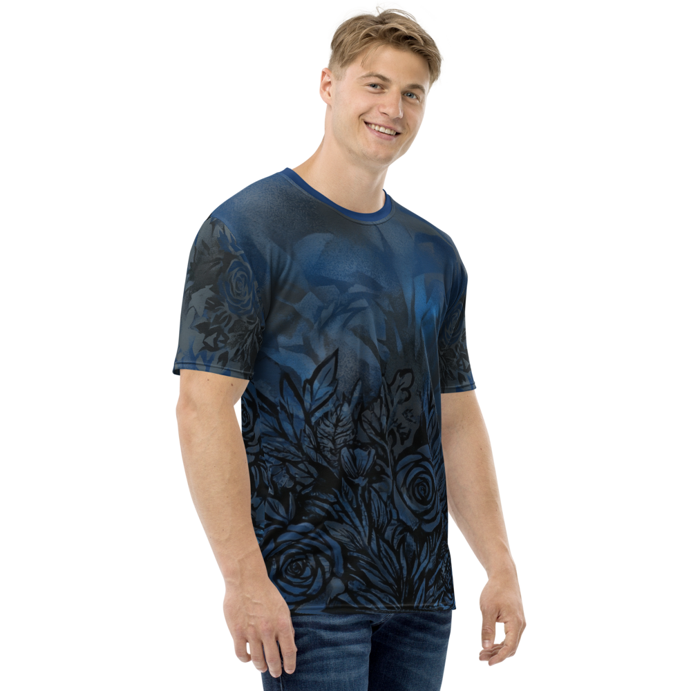 Schwarze Rosen T-Shirt – Mystische blaue Blüten