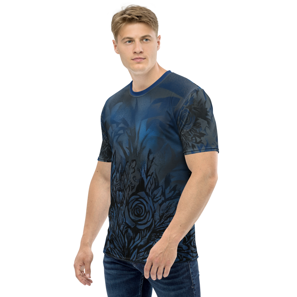 Schwarze Rosen T-Shirt – Mystische blaue Blüten