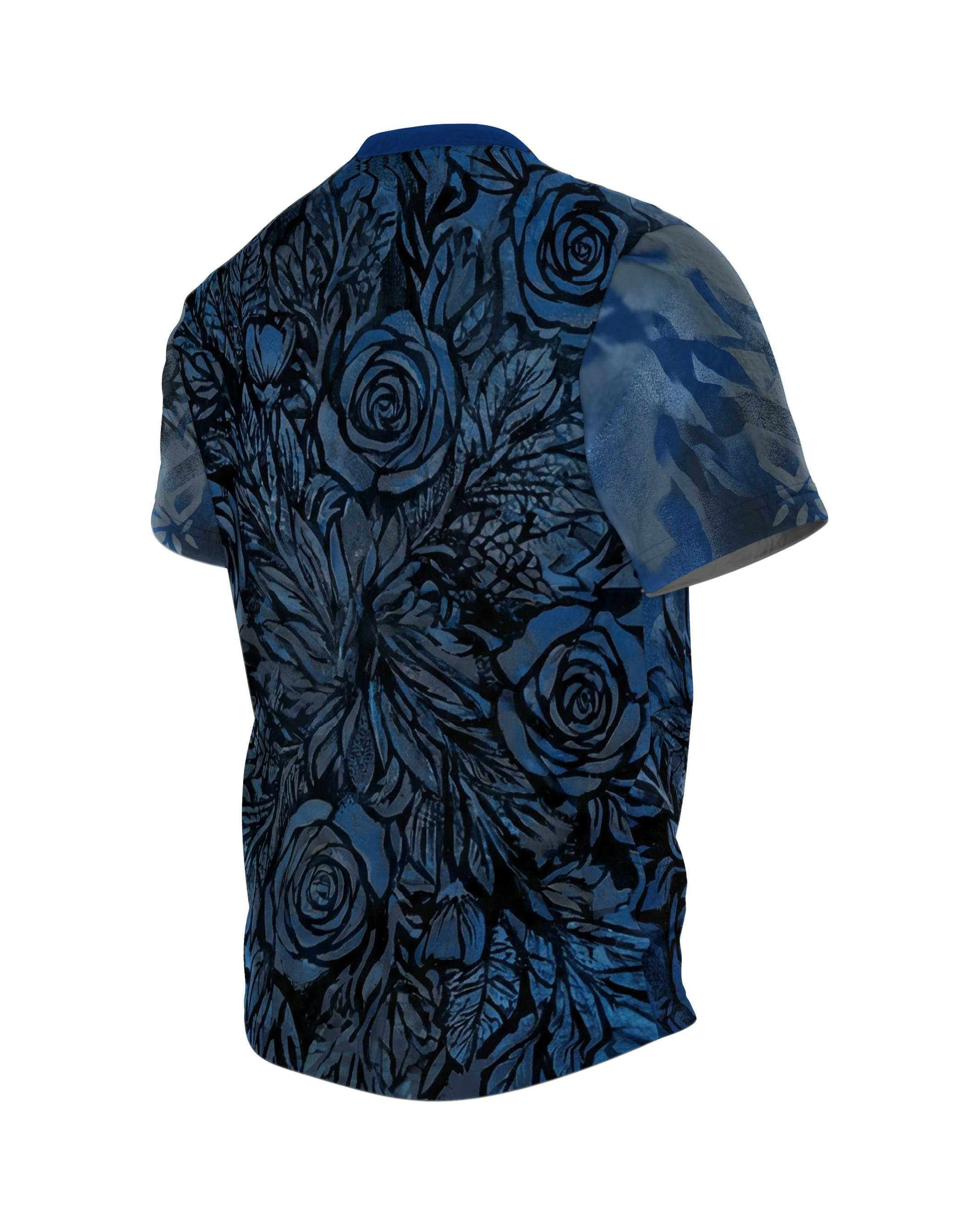Schwarze Rosen T-Shirt: Mystische blaue Blüten, Rückseite schräg links