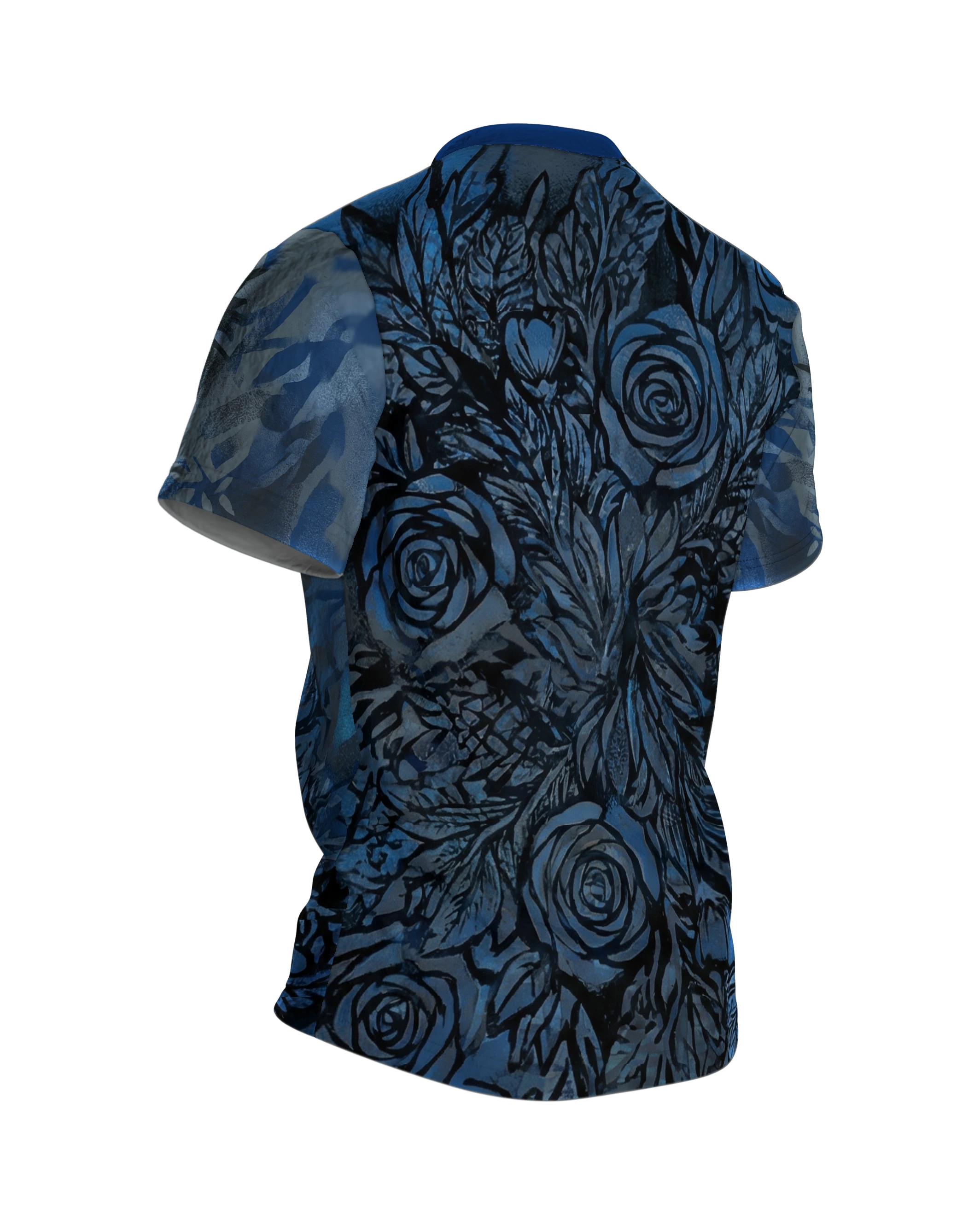 Schwarze Rosen T-Shirt: Mystische blaue Blüten, Rückseite schräg rechts