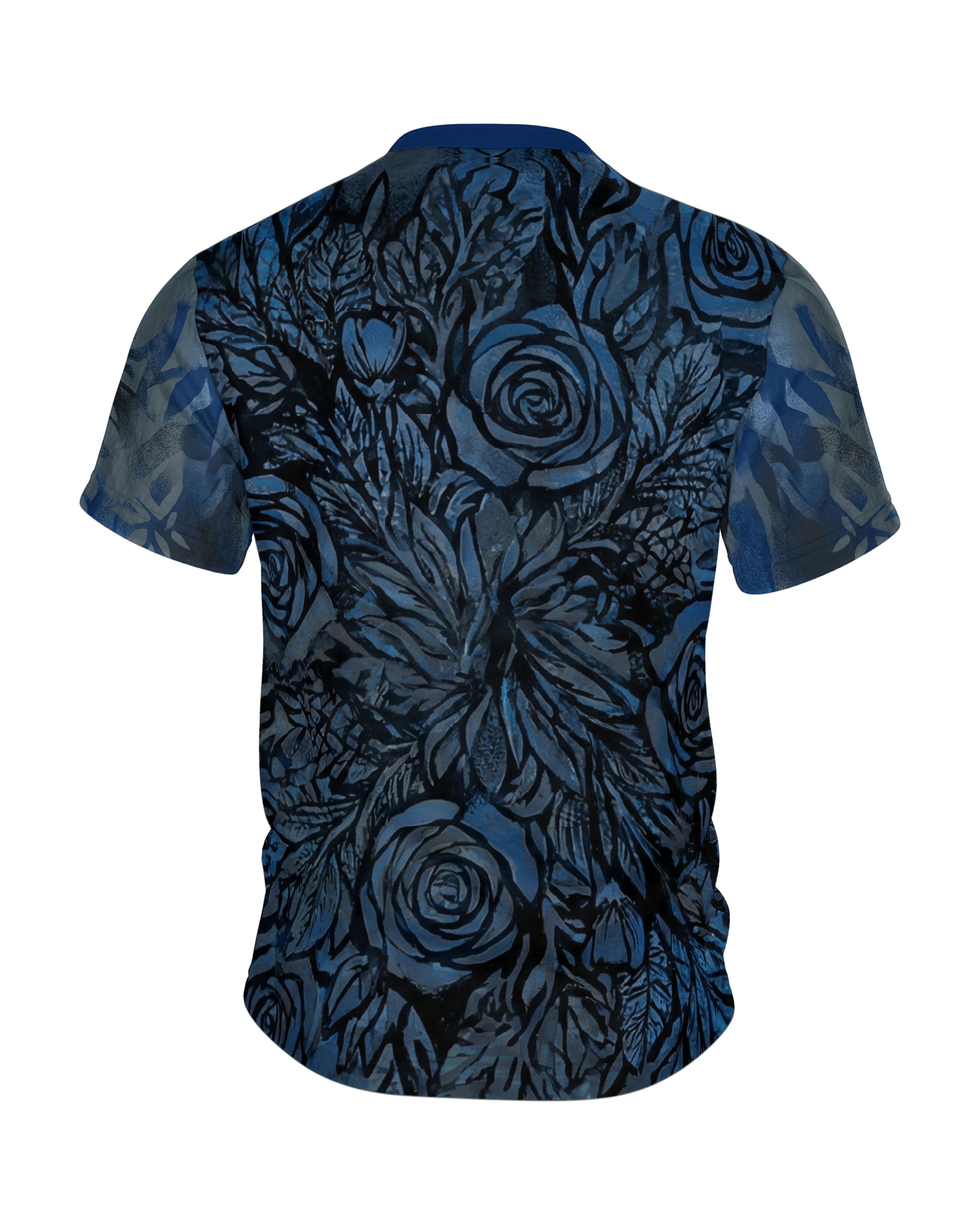 Schwarze Rosen T-Shirt: Mystische blaue Blüten, Rückseite