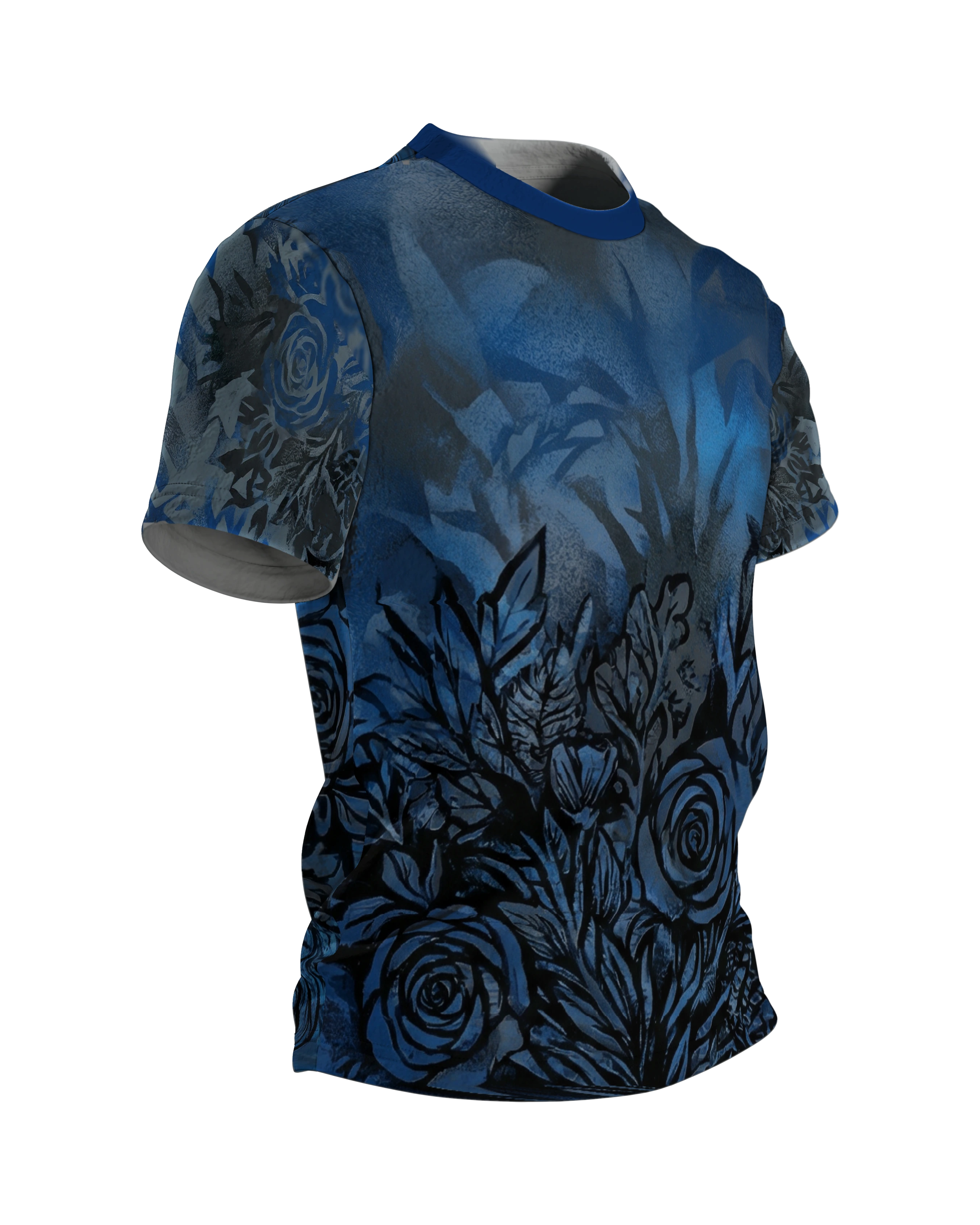 Schwarze Rosen T-Shirt: Mystische blaue Blüten, Seitenansicht links