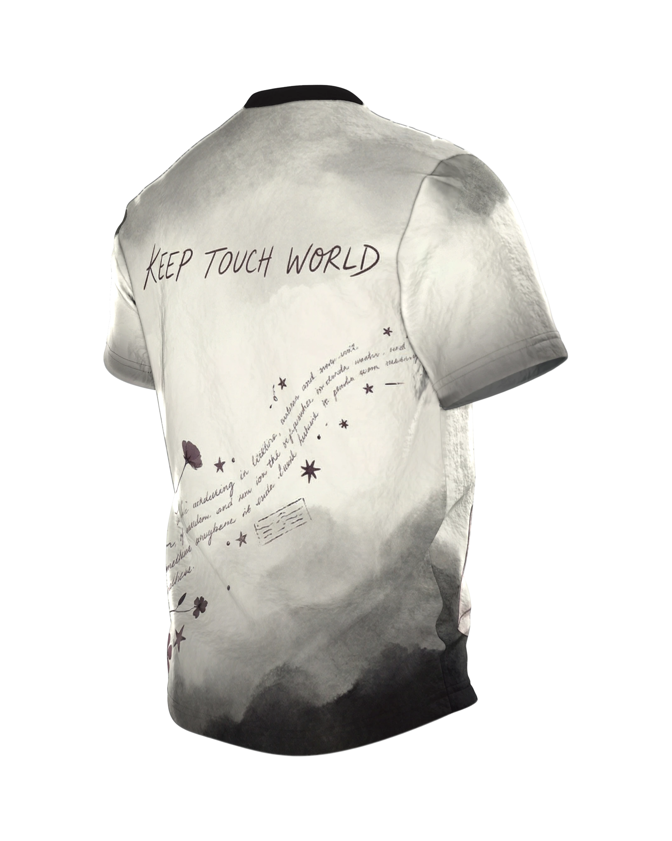 Vintage Wachssiegel T-Shirt „Letter From Elsewhere“, offener Umschlag mit Ankersiegel, Keep Touch World am Rücken, Rückseite schräg links