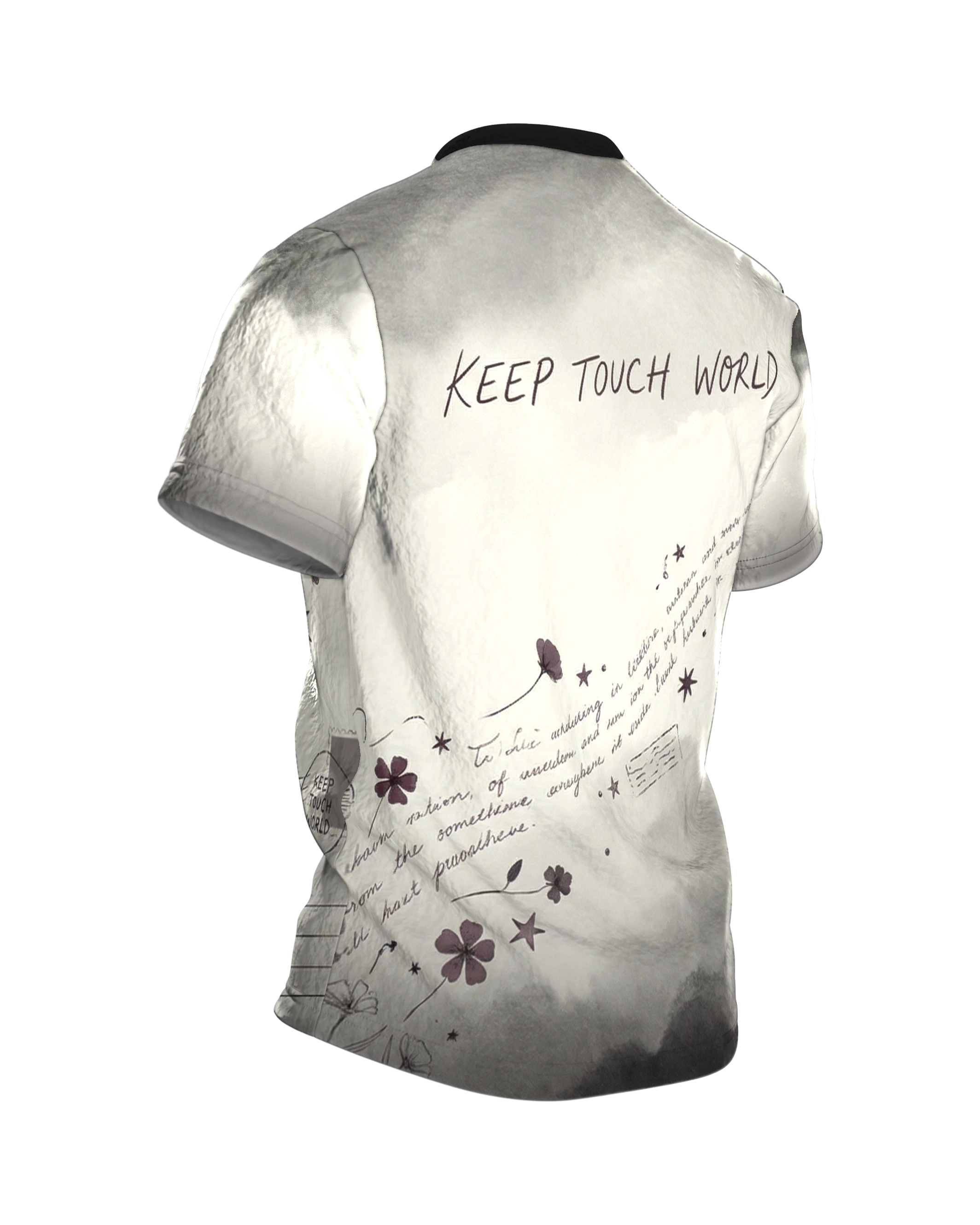 Vintage Wachssiegel T-Shirt „Letter From Elsewhere“, offener Umschlag mit Ankersiegel, Keep Touch World am Rücken, Rückseite schräg rechts