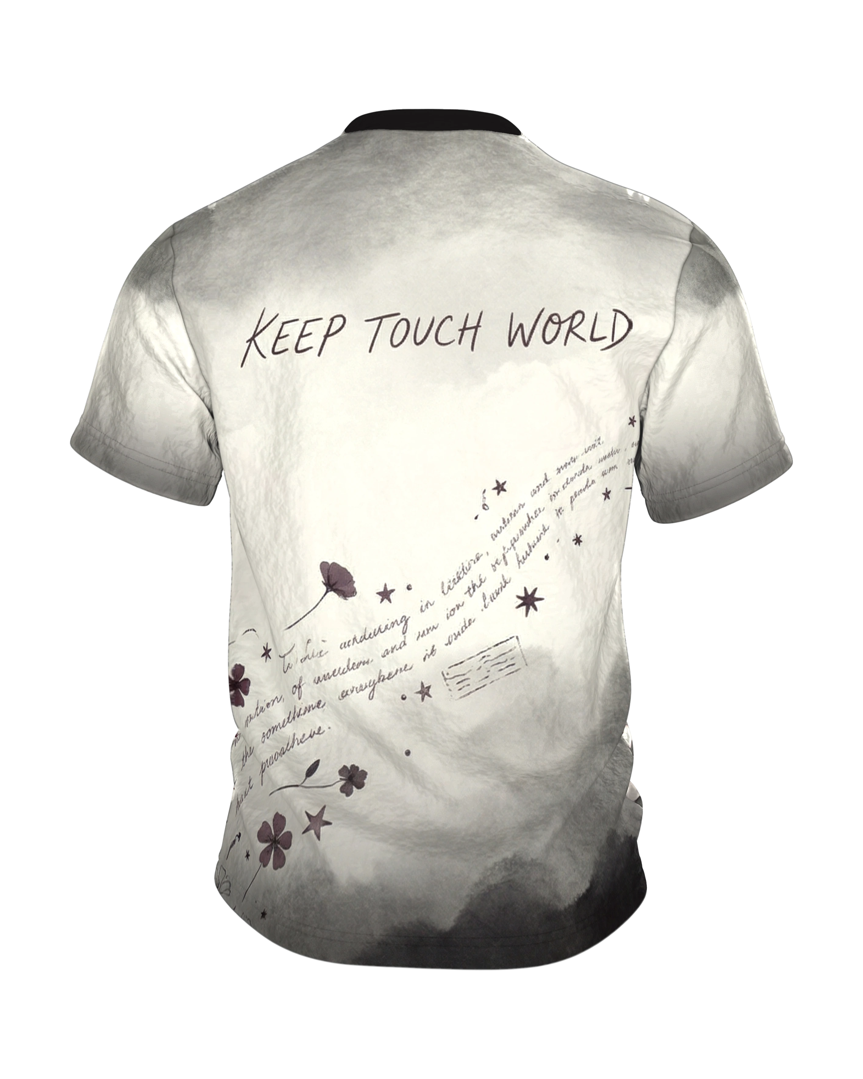 Vintage Wachssiegel T-Shirt „Letter From Elsewhere“, offener Umschlag mit Ankersiegel, Keep Touch World am Rücken, Rückseite