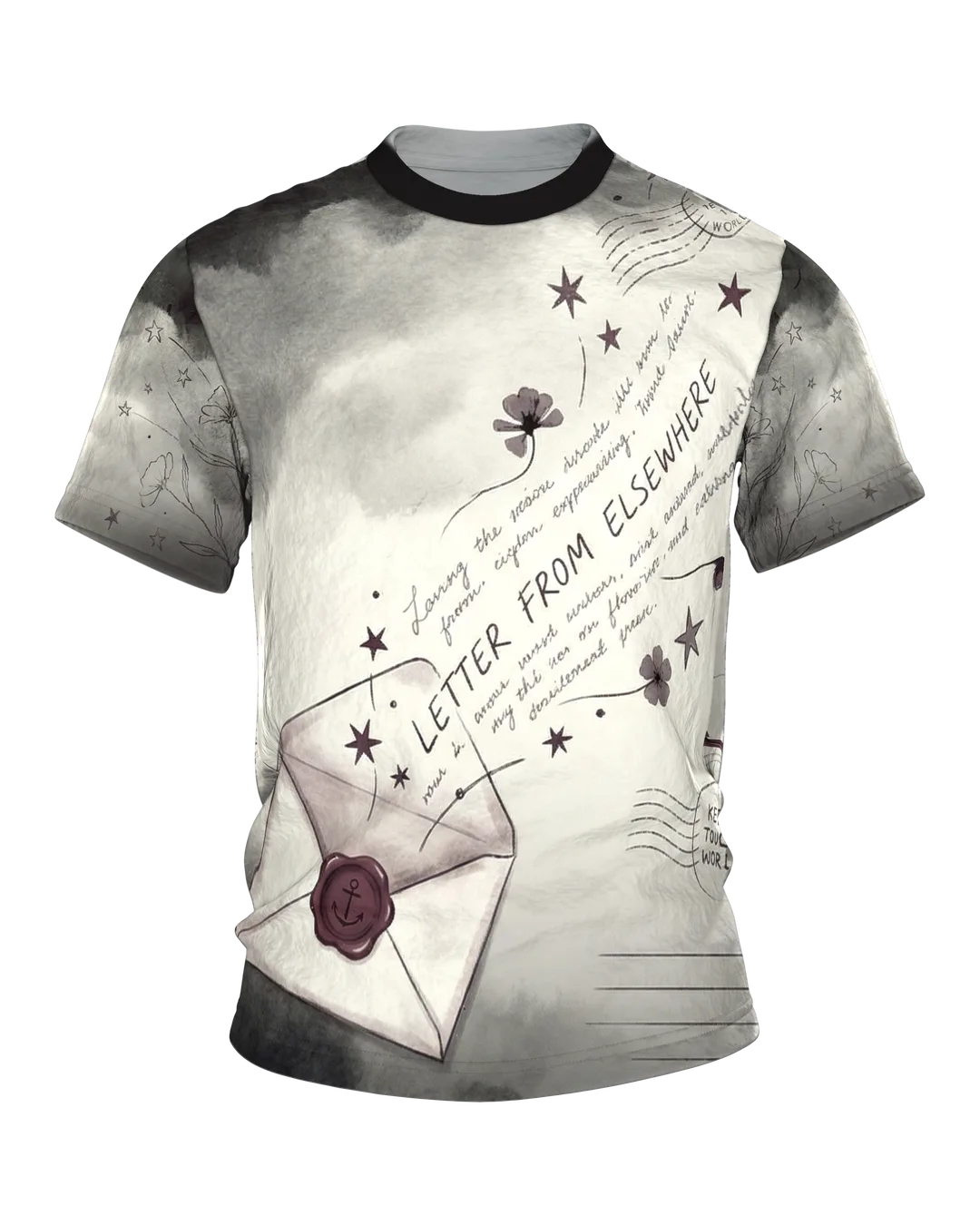 Vintage Wachssiegel T-Shirt „Letter From Elsewhere“, offener Umschlag mit Ankersiegel, Keep Touch World am Rücken