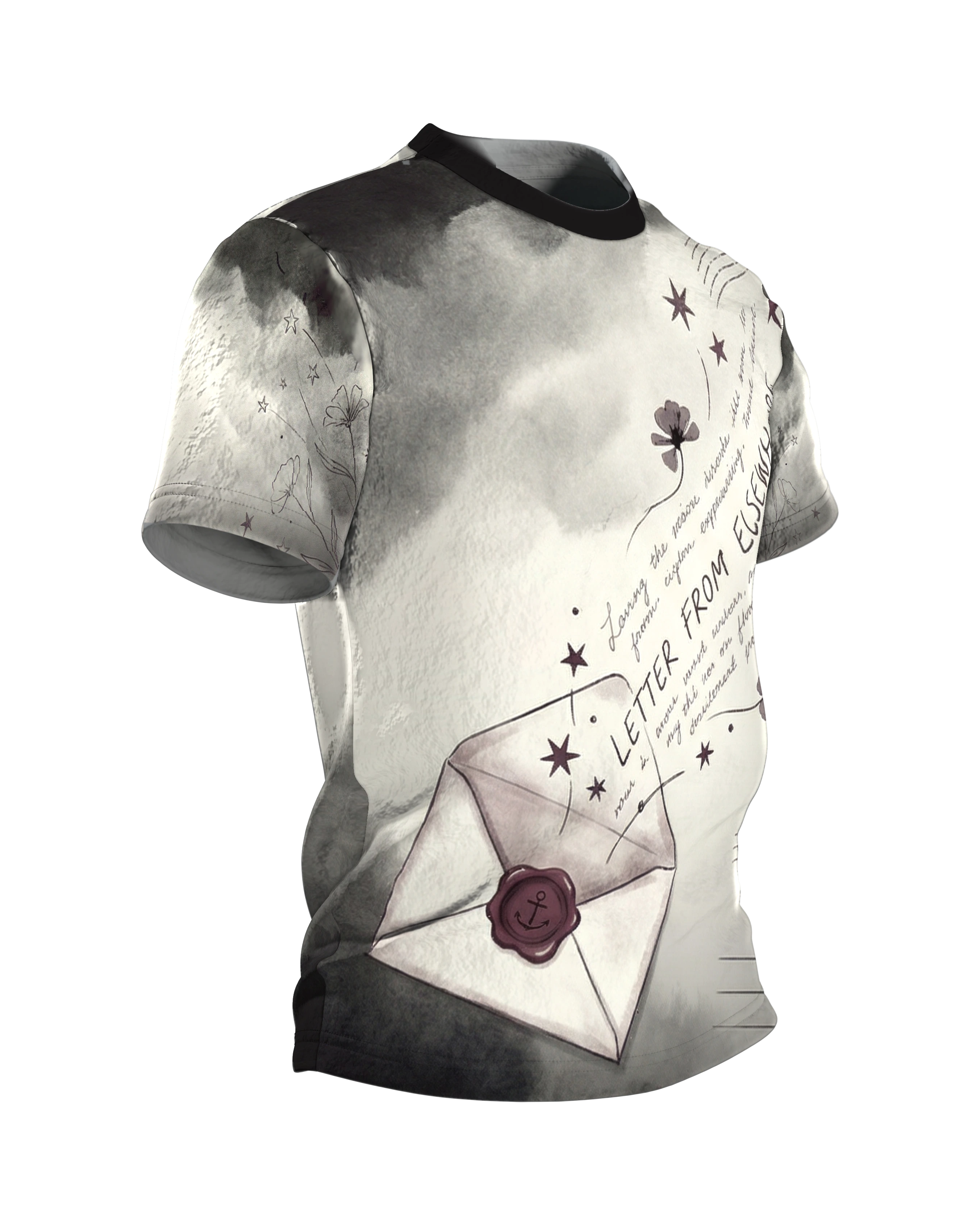 Vintage Wachssiegel T-Shirt „Letter From Elsewhere“, offener Umschlag mit Ankersiegel, Keep Touch World am Rücken, Seitenansicht links