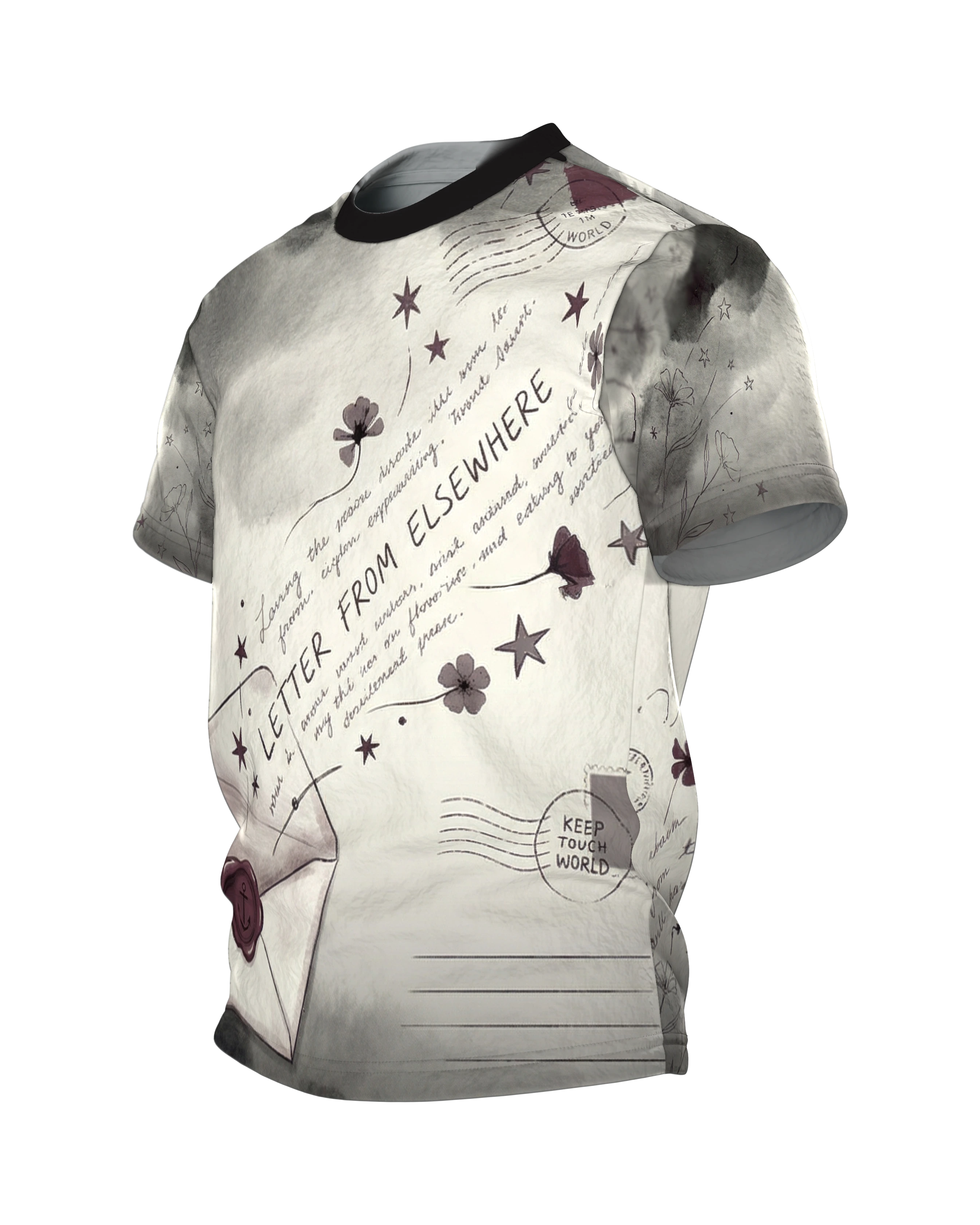 Vintage Wachssiegel T-Shirt „Letter From Elsewhere“, offener Umschlag mit Ankersiegel, Keep Touch World am Rücken, Seitenansicht rechts