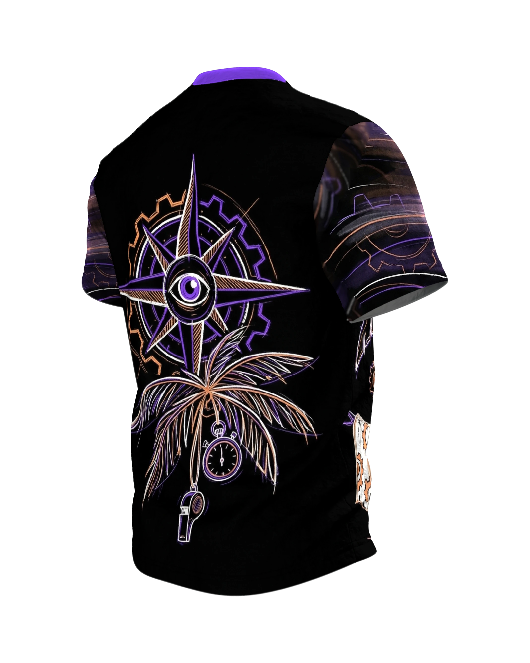 Steampunk Palme T-Shirt, Maschinen-Palme mit Fernglas in Neon auf Schwarz, Rückseite schräg links