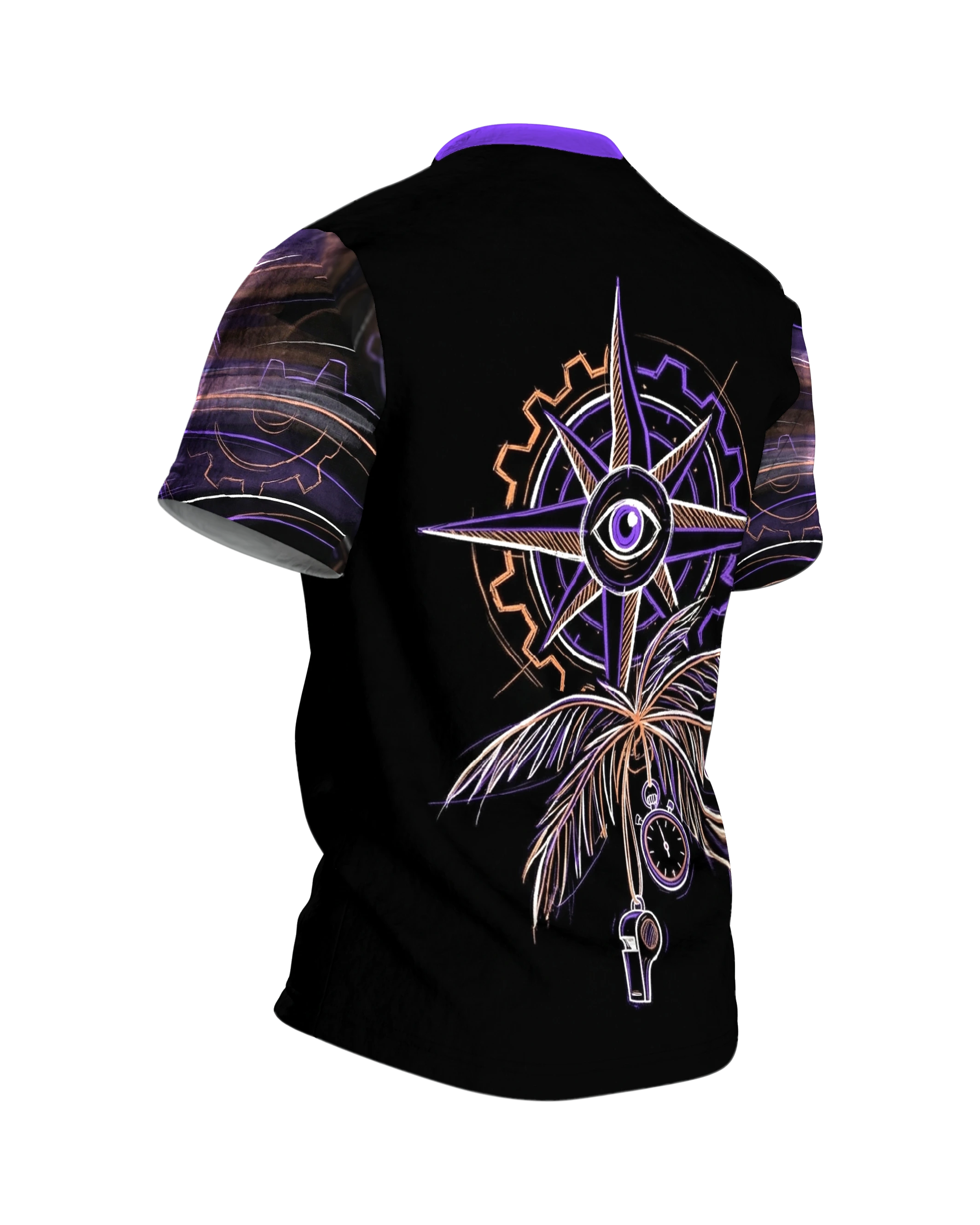Steampunk Palme T-Shirt, Maschinen-Palme mit Fernglas in Neon auf Schwarz, Rückseite schräg rechts