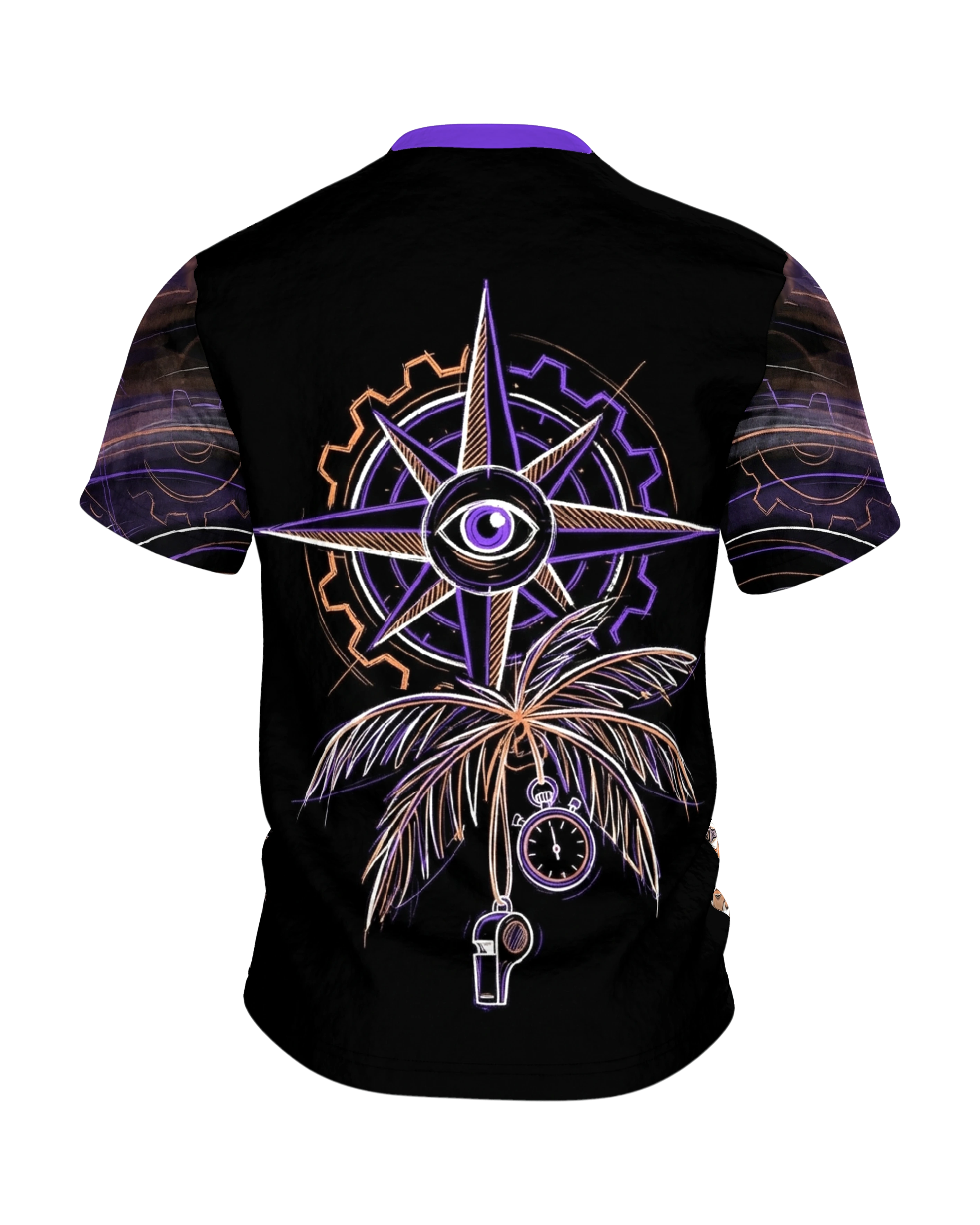 Steampunk Palme T-Shirt, Maschinen-Palme mit Fernglas in Neon auf Schwarz, Rückseite