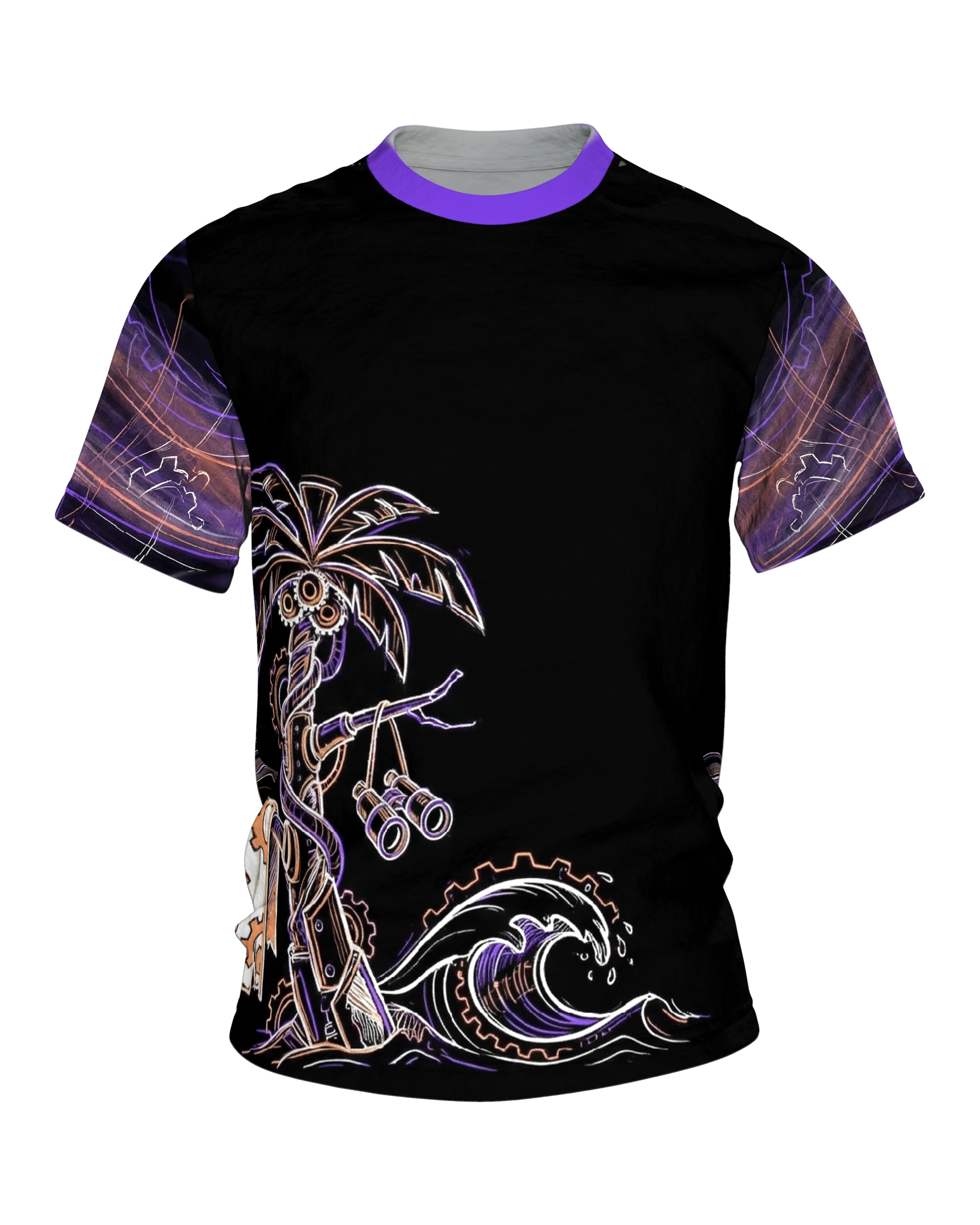 Steampunk Palme T-Shirt, Maschinen-Palme mit Fernglas in Neon auf Schwarz