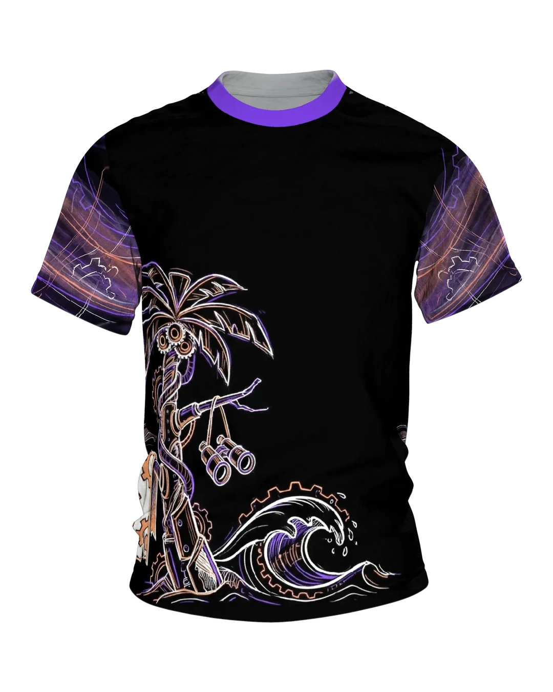 Steampunk Palme T-Shirt, Maschinen-Palme mit Fernglas in Neon auf Schwarz