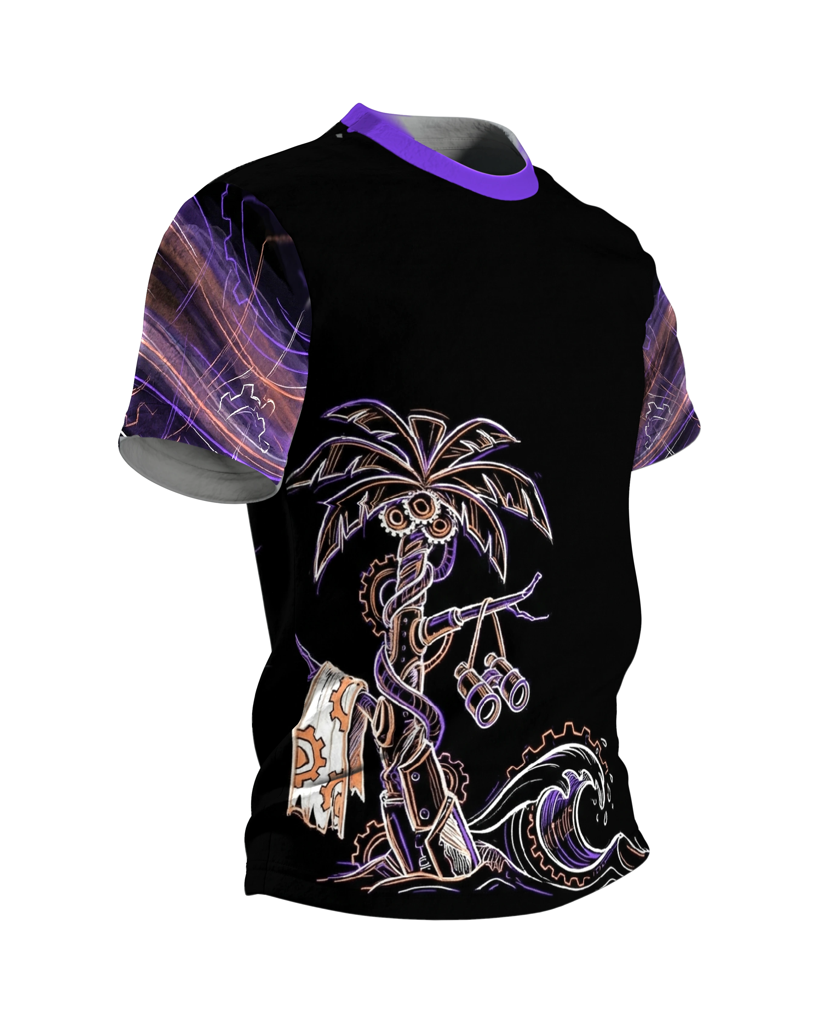 Steampunk Palme T-Shirt, Maschinen-Palme mit Fernglas in Neon auf Schwarz, Seitenansicht links