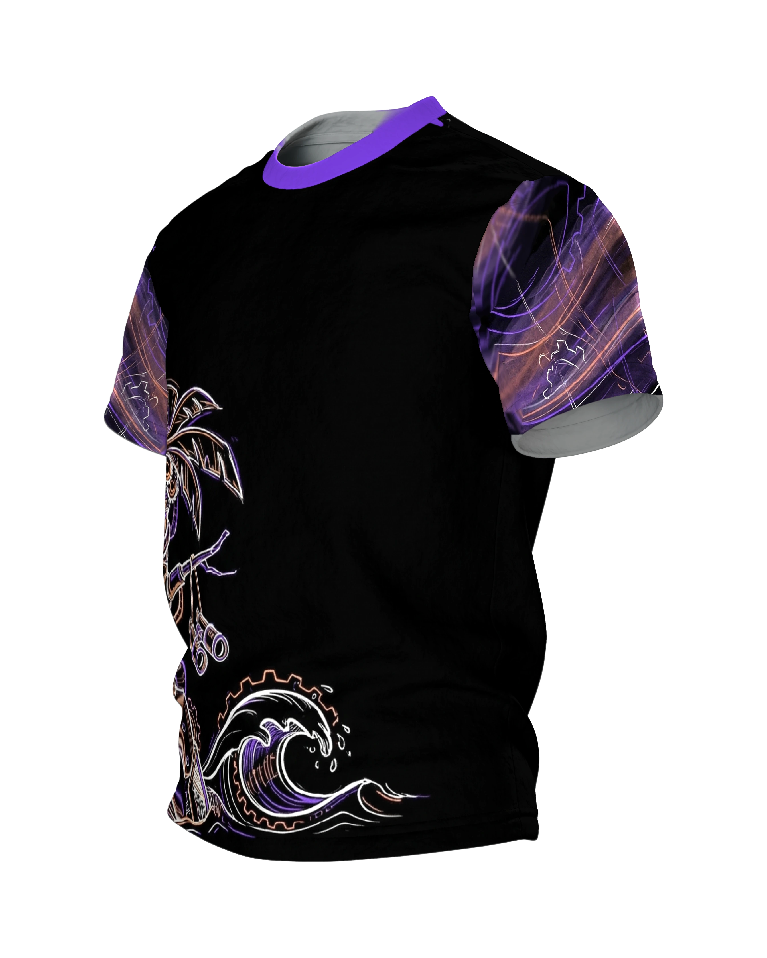 Steampunk Palme T-Shirt, Maschinen-Palme mit Fernglas in Neon auf Schwarz, Seitenansicht rechts
