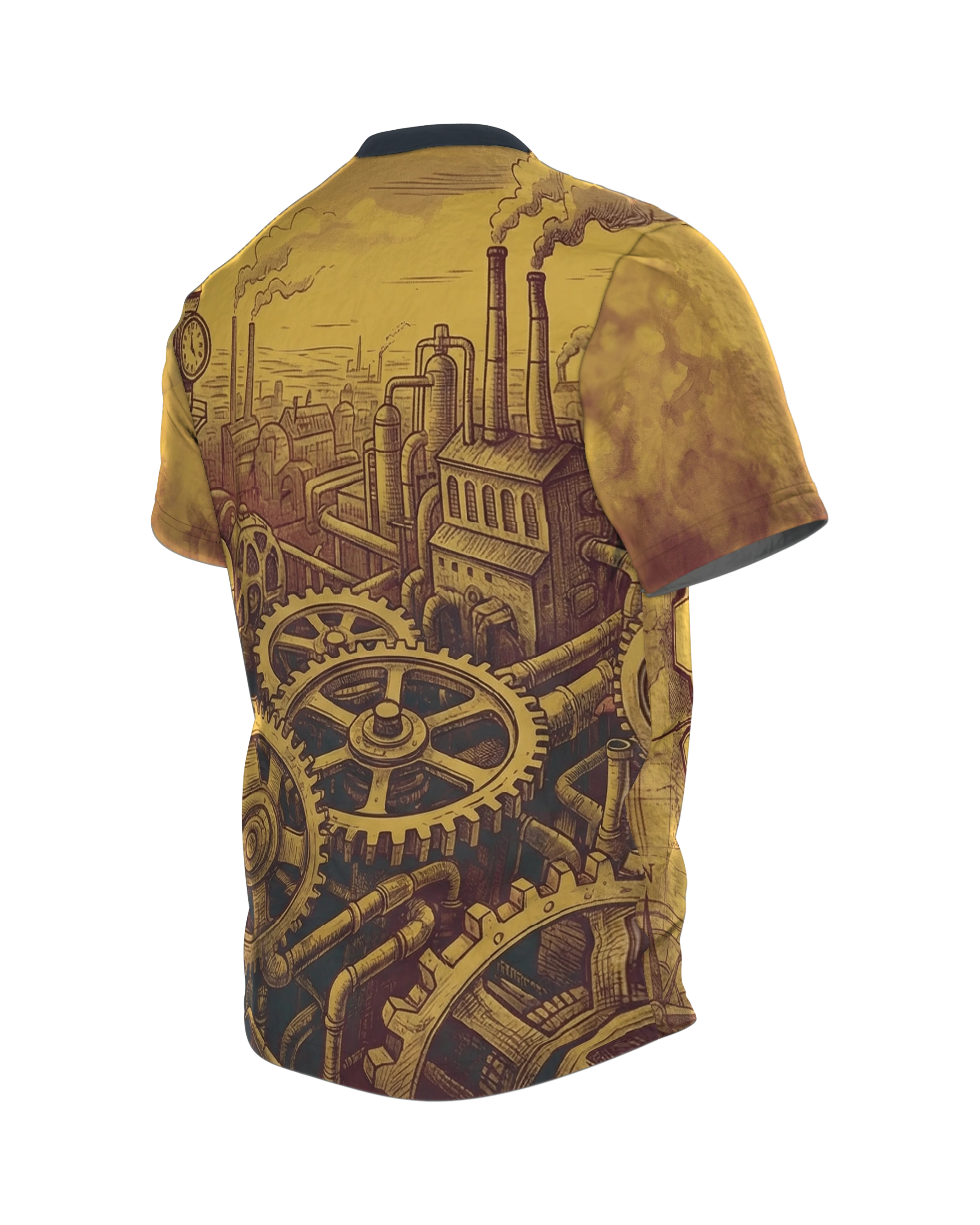 Vintage Steampunk Luftschiff & Zahnräder T-Shirt, Rückseite schräg links