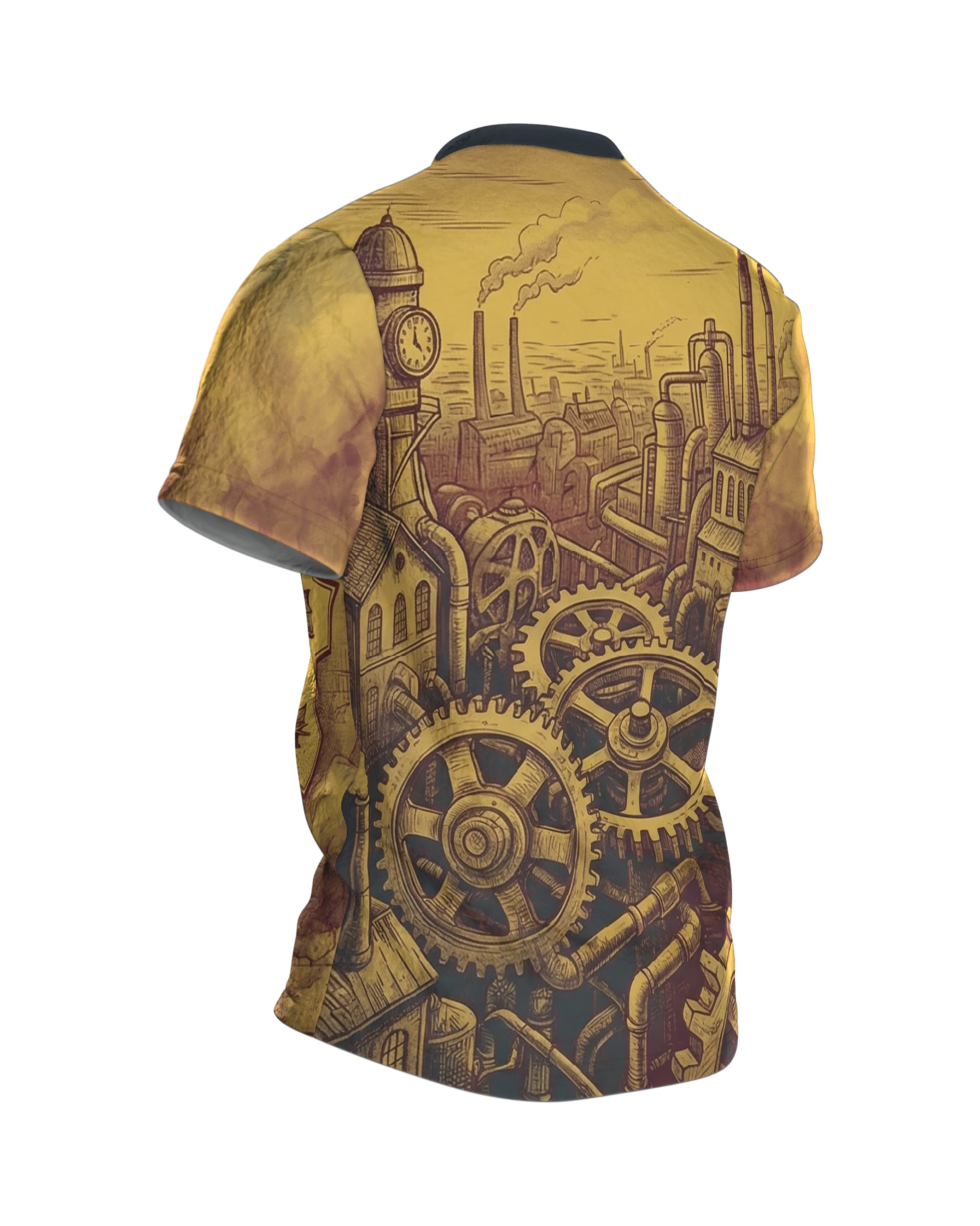 Vintage Steampunk Luftschiff & Zahnräder T-Shirt, Rückseite schräg rechts