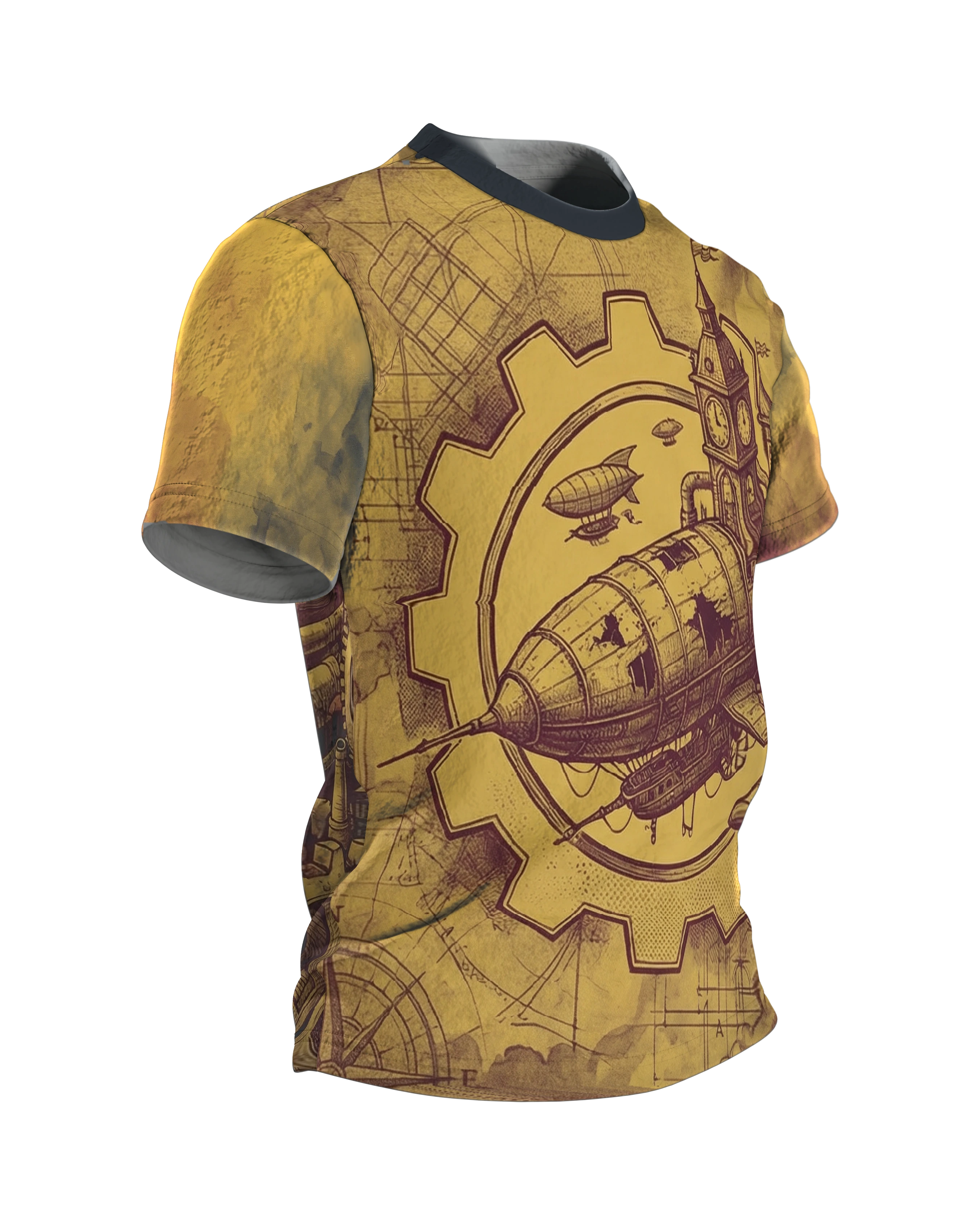 Vintage Steampunk Luftschiff & Zahnräder T-Shirt, Seitenansicht links