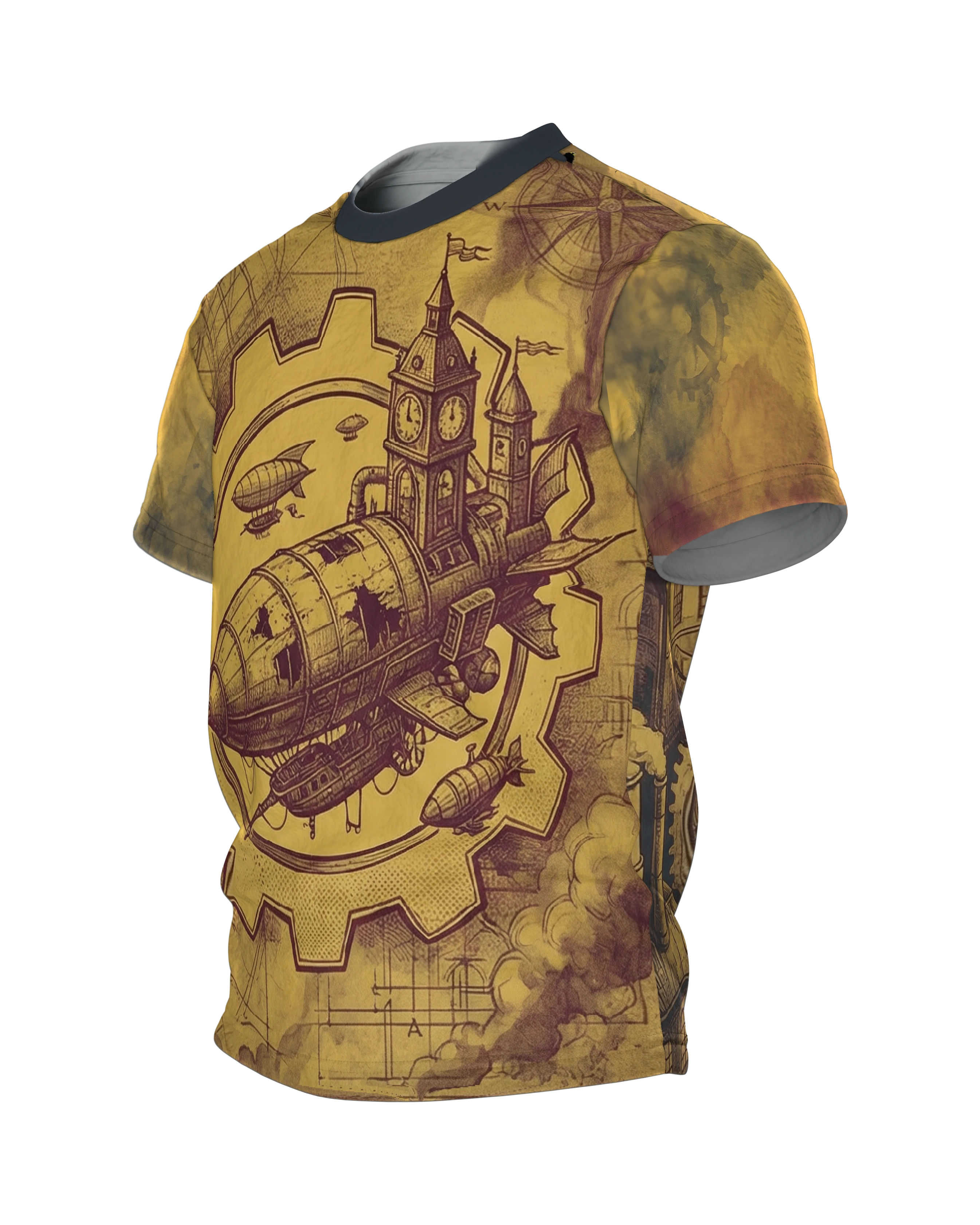 Vintage Steampunk Luftschiff & Zahnräder T-Shirt, Seitenansicht rechts