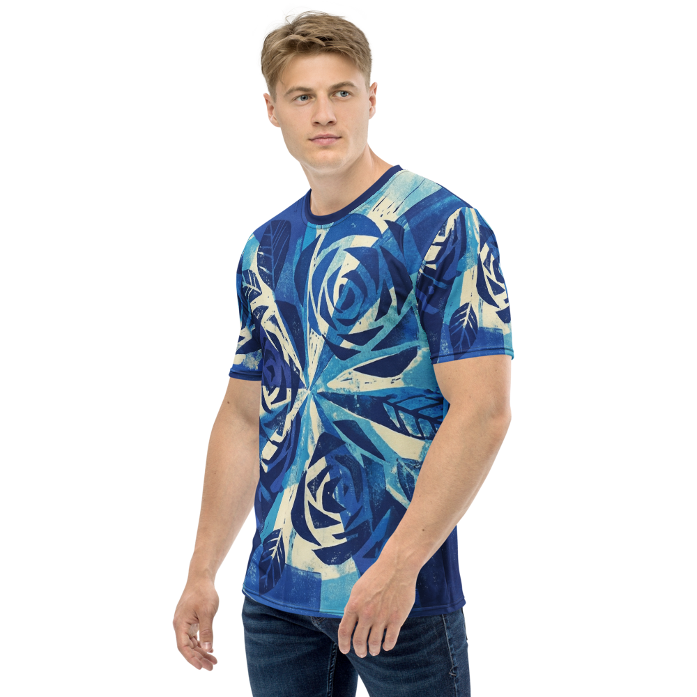 Blaue Linolschnitt Rosen T-Shirt – Geometrische Kunst