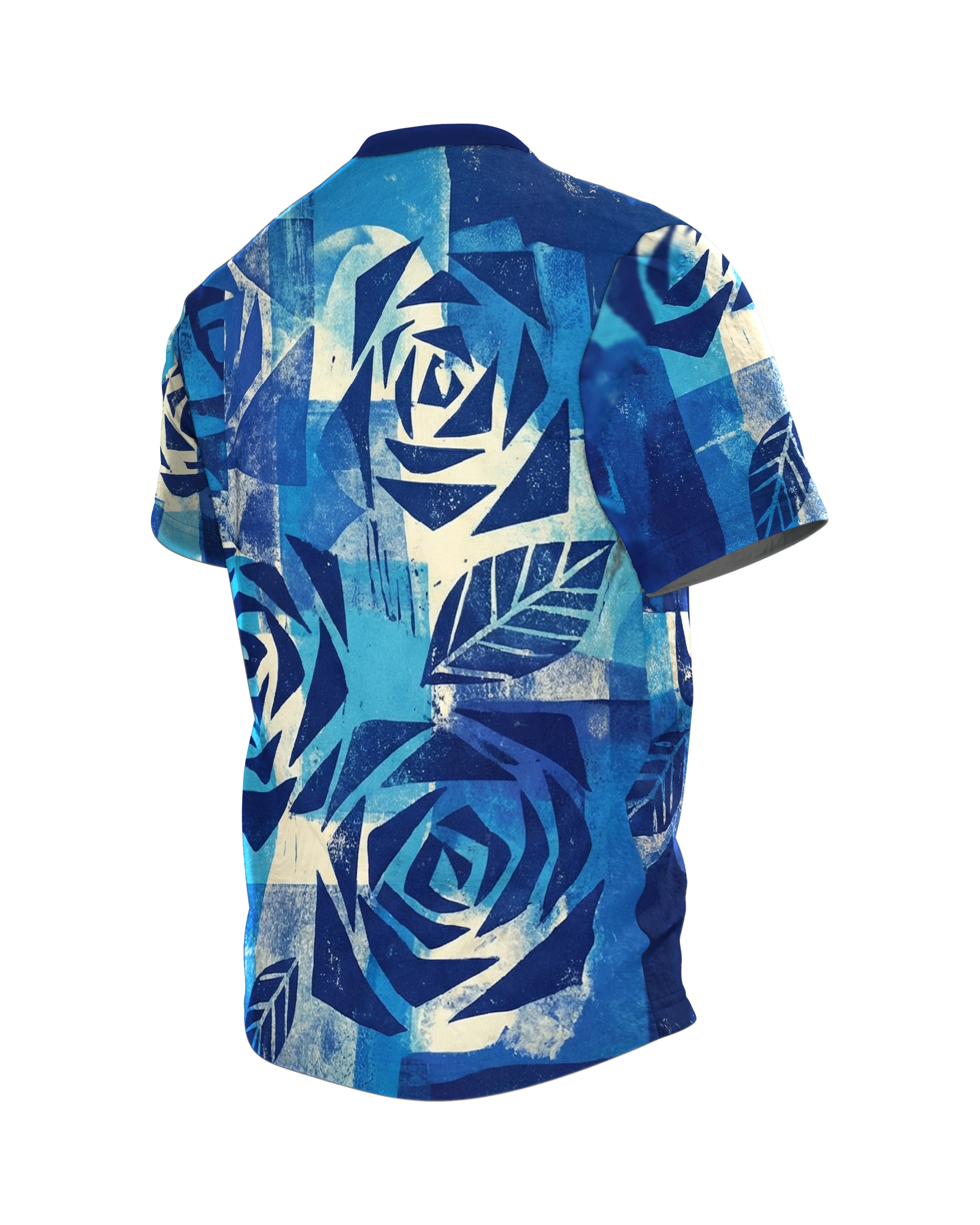 Radial Strahlen T-Shirt: Blaue Rosen im Linoldruck, Rückseite schräg links