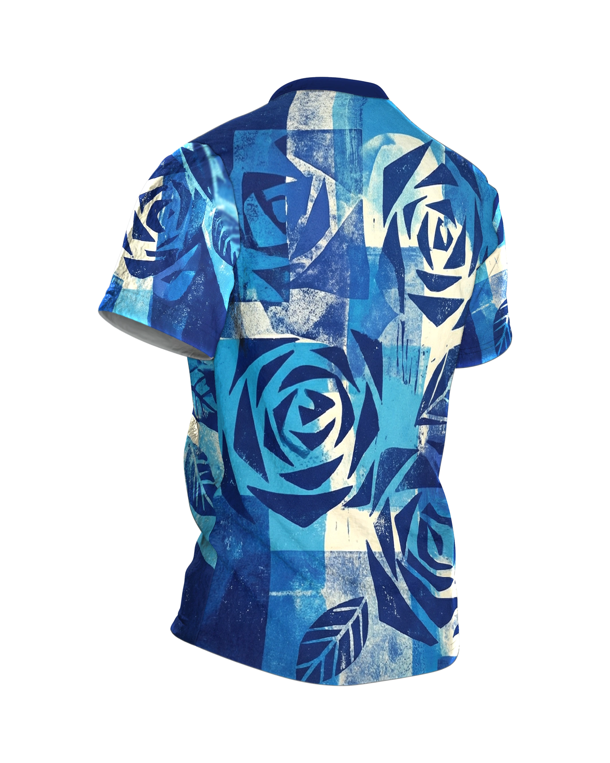 Radial Strahlen T-Shirt: Blaue Rosen im Linoldruck, Rückseite schräg rechts