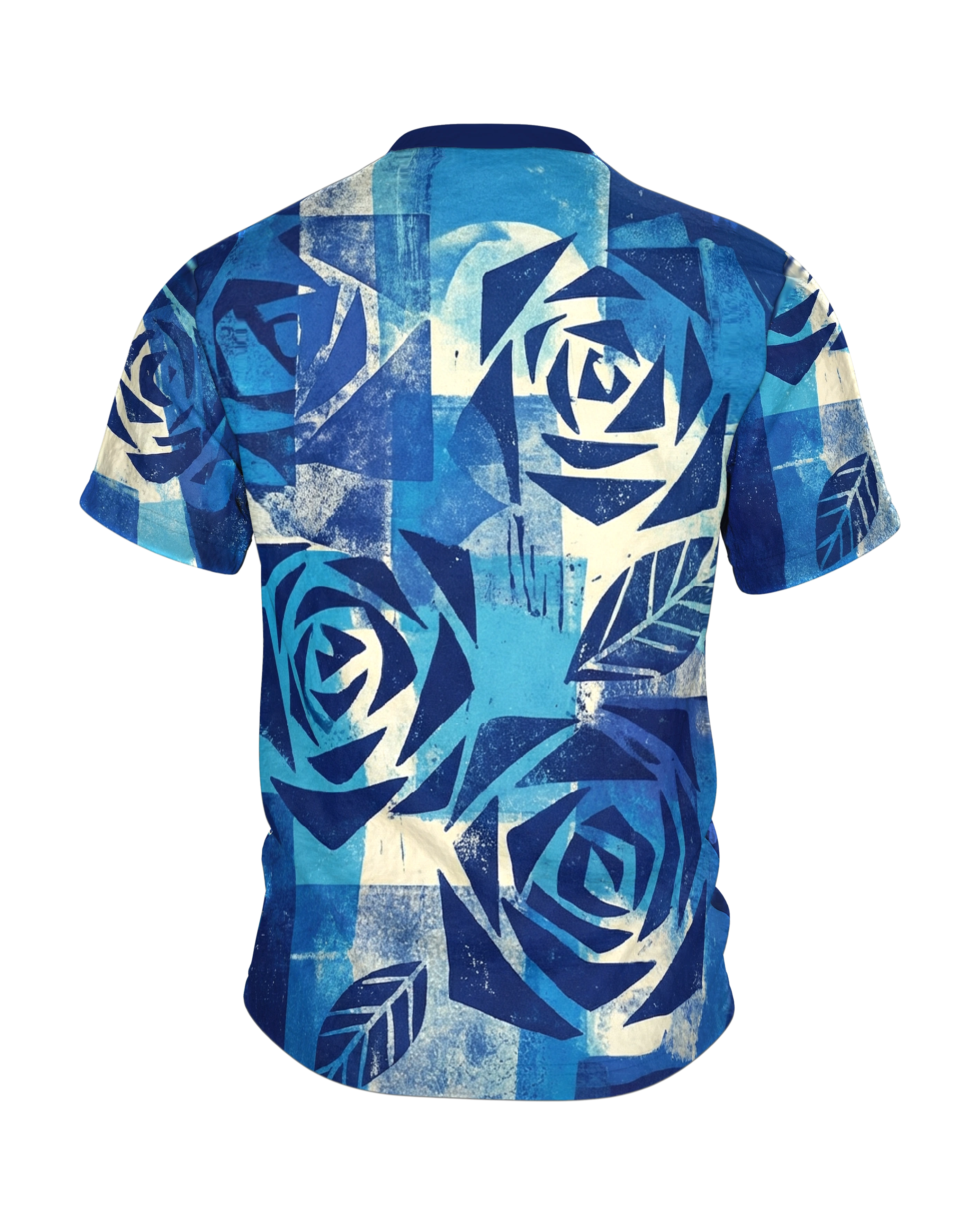 Radial Strahlen T-Shirt: Blaue Rosen im Linoldruck, Rückseite