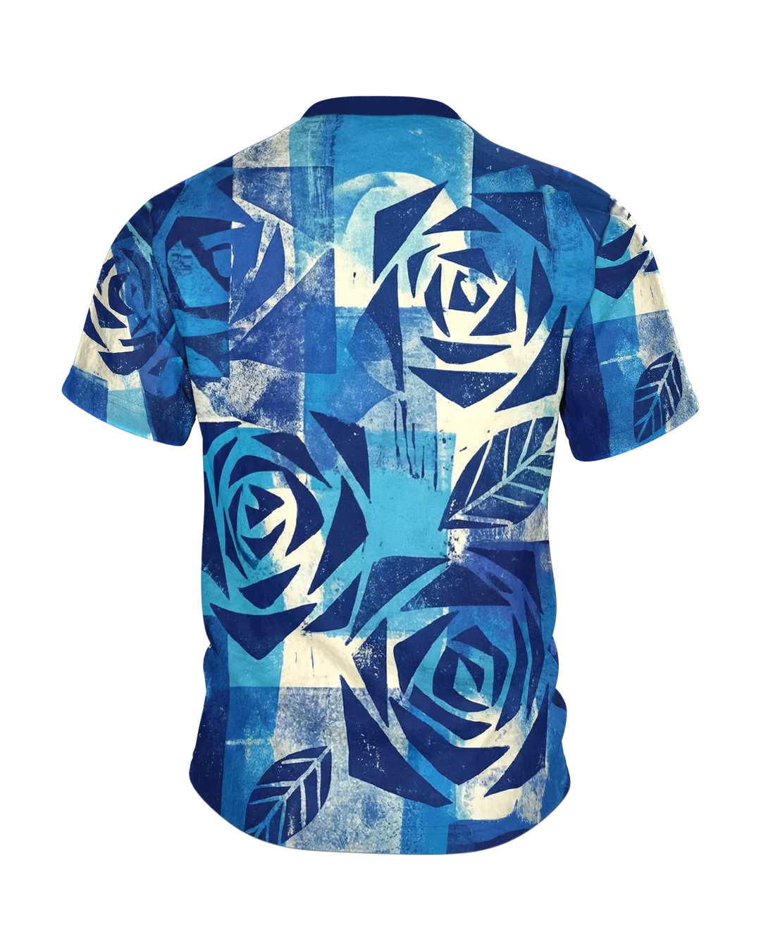 Radial Strahlen T-Shirt: Blaue Rosen im Linoldruck, Rückseite
